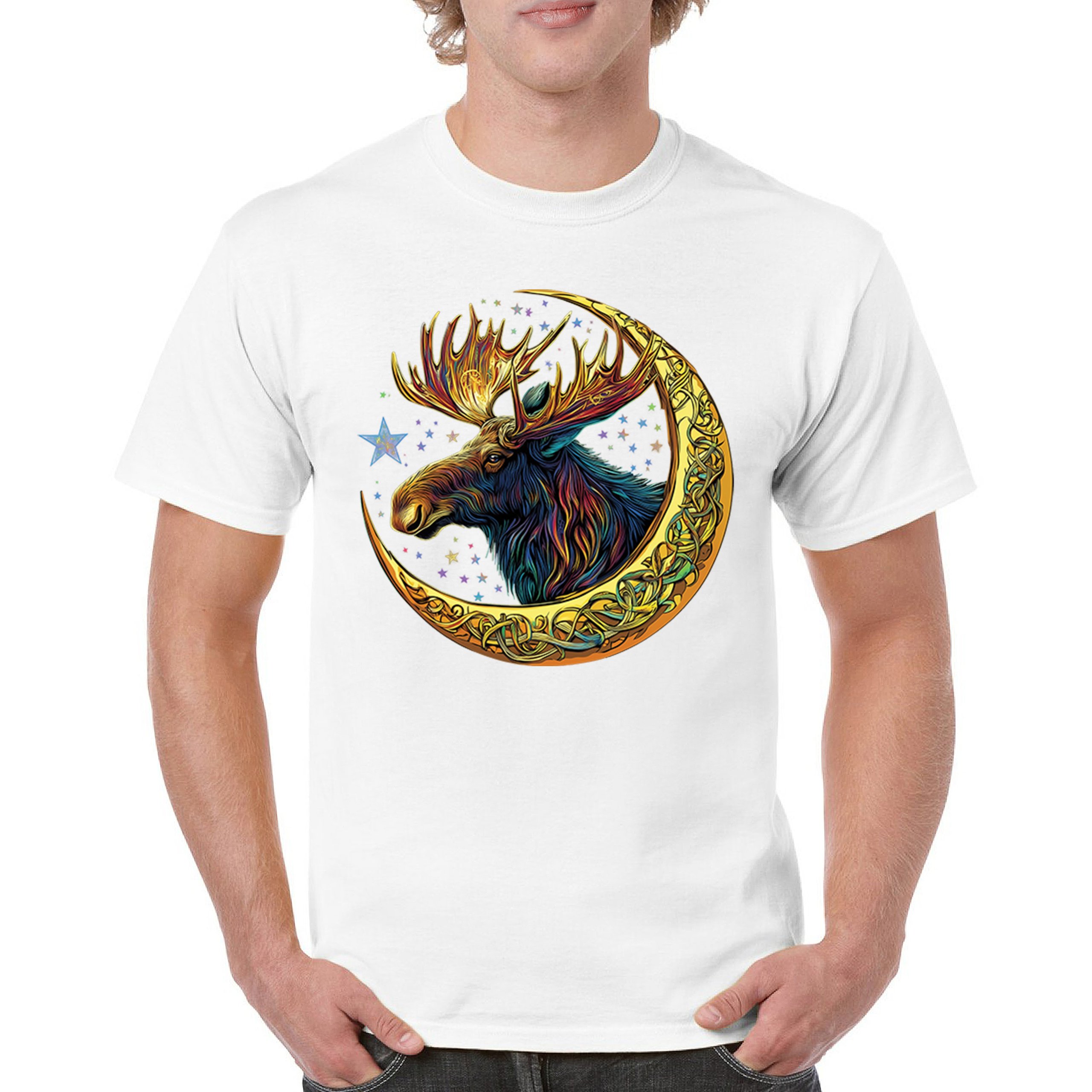 Celtic Moon Moose T-shirt Mystical Beast Majestic Cosmic Wildlife Men's Tee - Picture 44 of 113