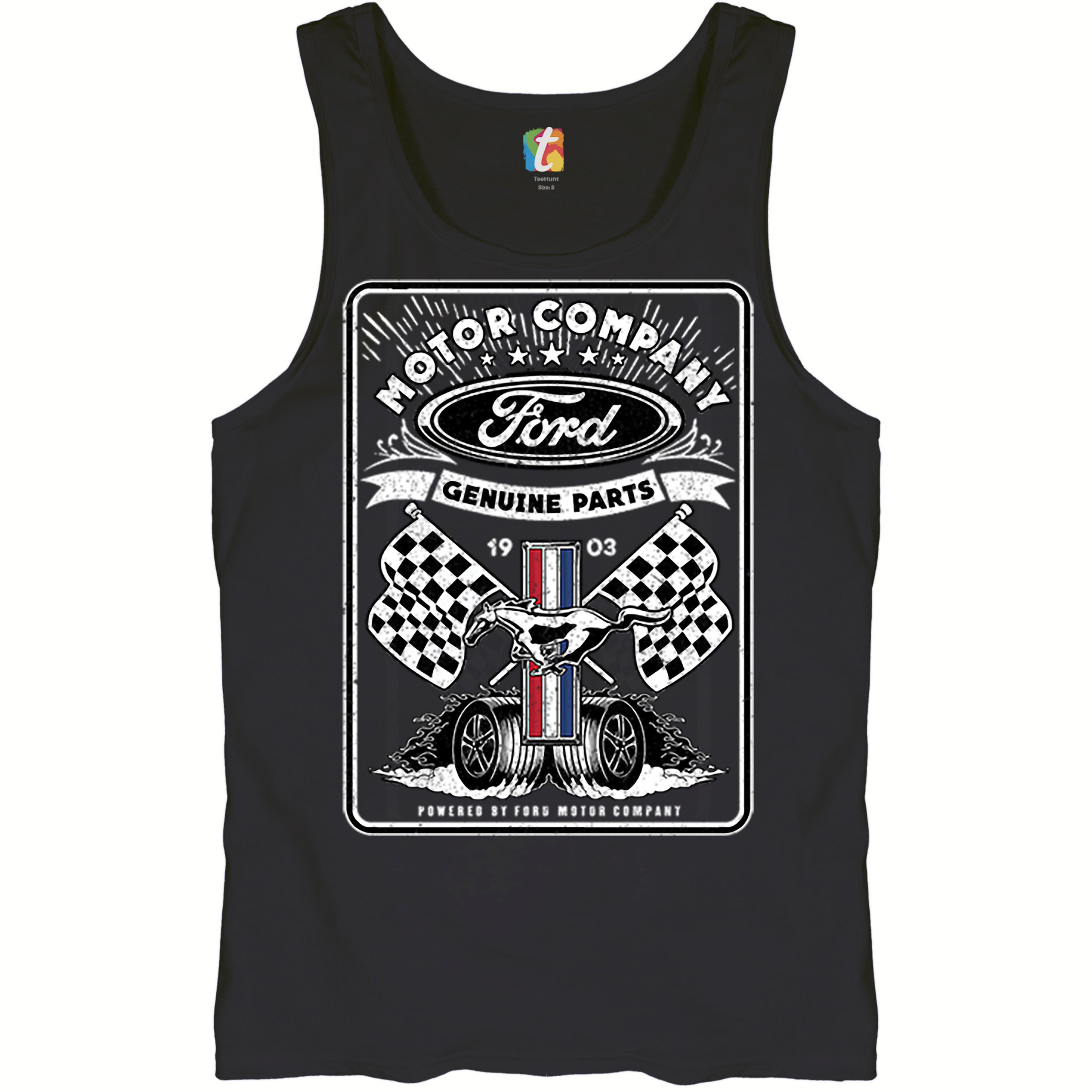 Ford Motor Company Tank Top Racing Flags Mustang Logo Licensed Men’s Top