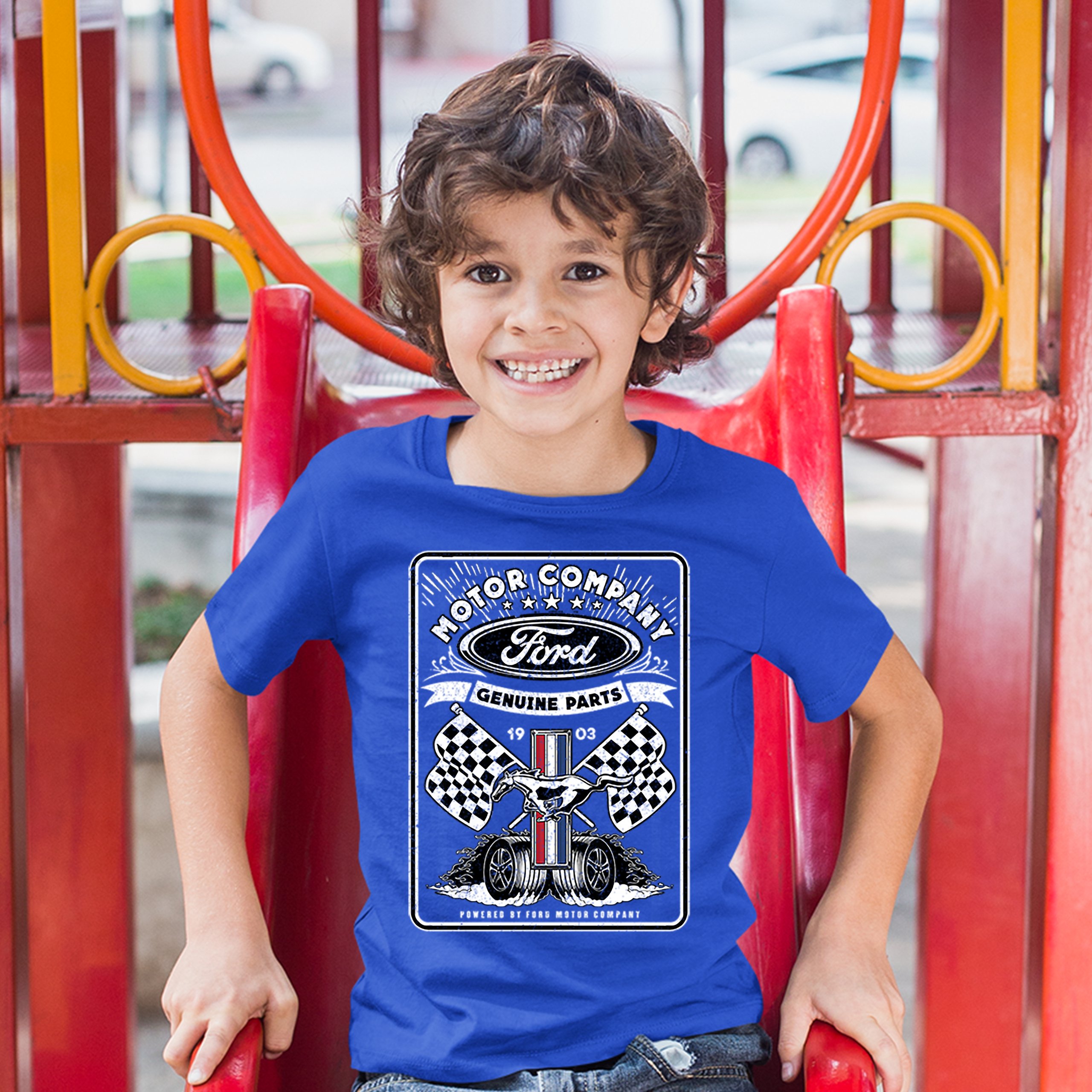Ford Motor Company Youth T-shirt Racing Flags Mustang Logo Licensed Kids - Picture 26 of 30