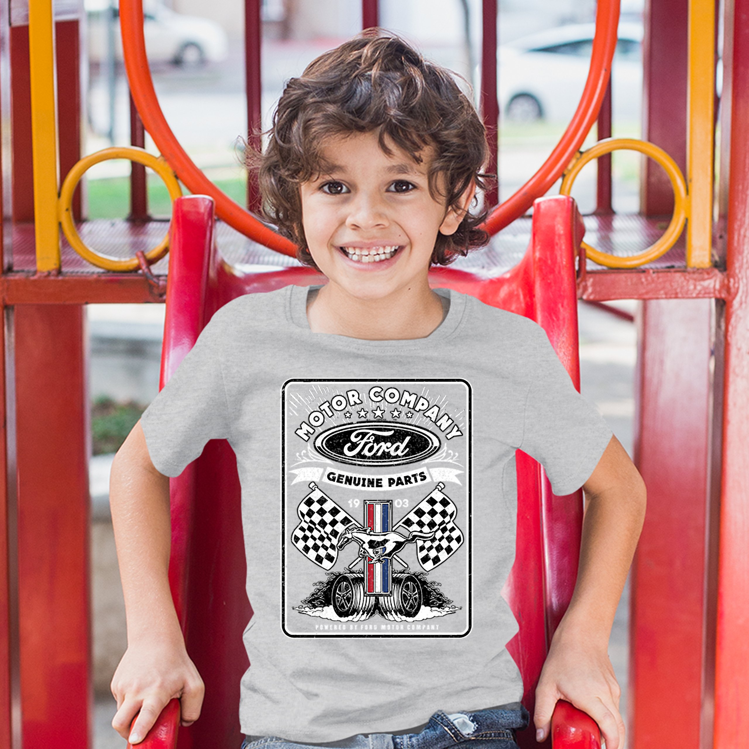 Ford Motor Company Youth T-shirt Racing Flags Mustang Logo Licensed Kids - Picture 10 of 30