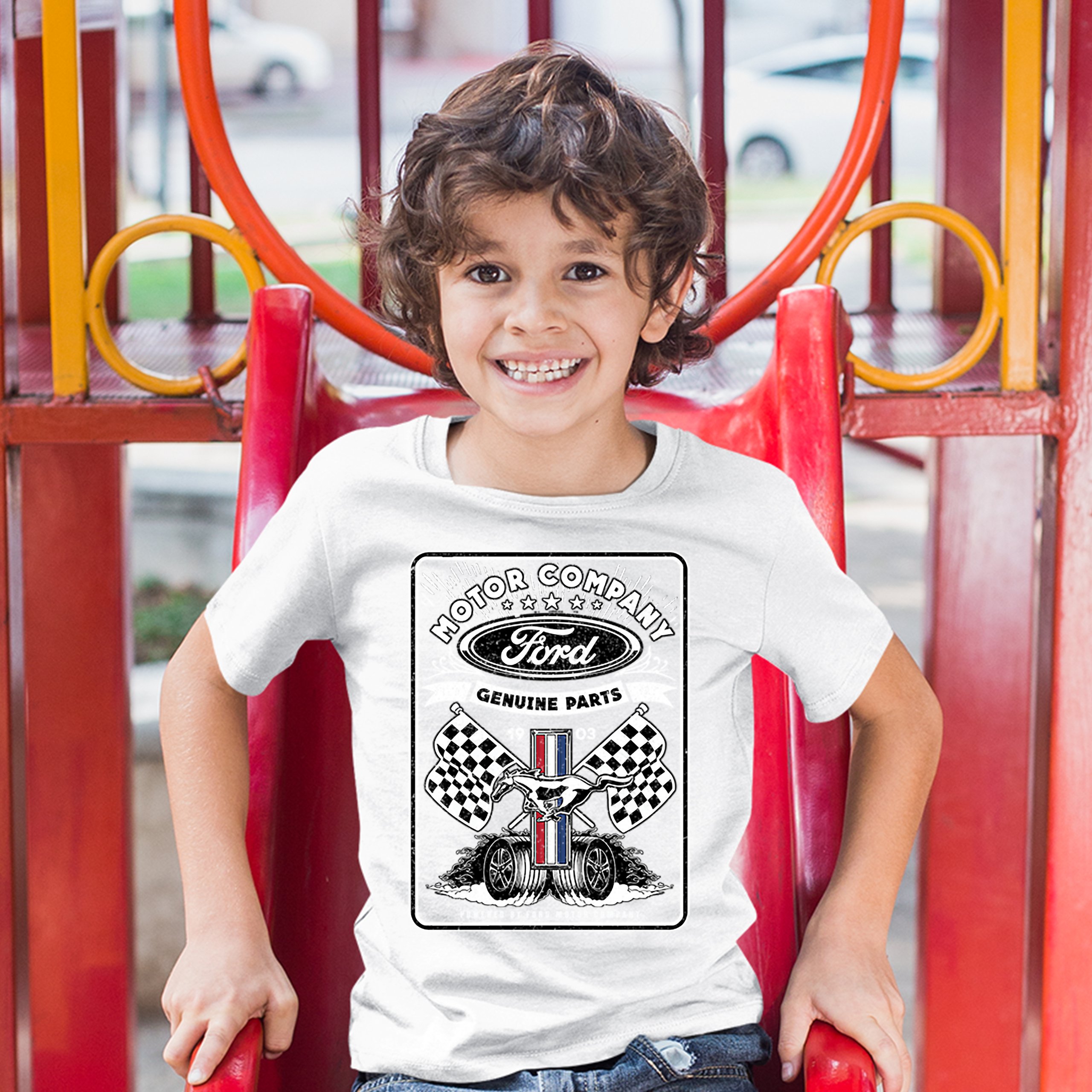Ford Motor Company Youth T-shirt Racing Flags Mustang Logo Licensed Kids - Picture 18 of 30