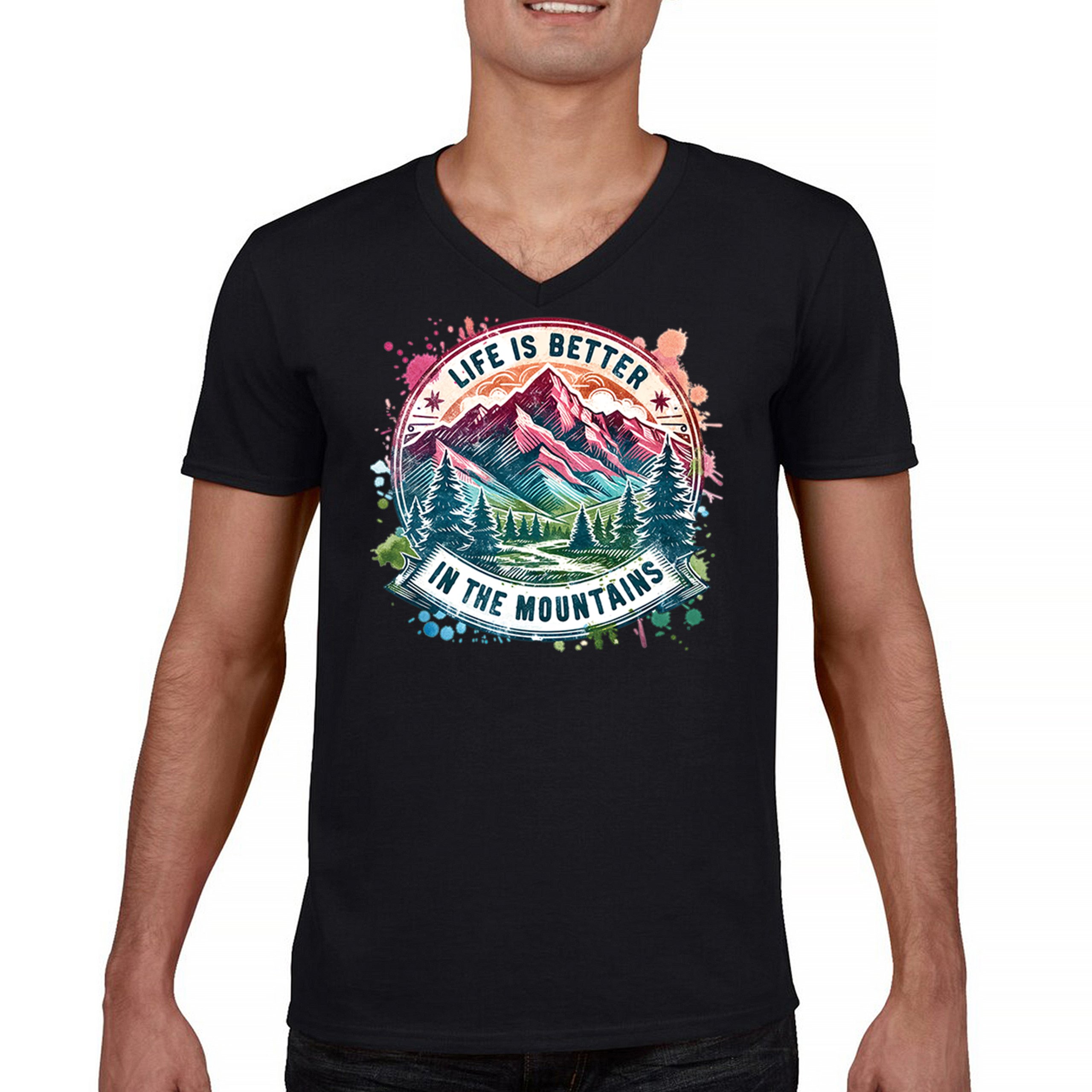 Life is Better in the Mountains Men’s V-Neck T-shirt Trail Hiking Camping