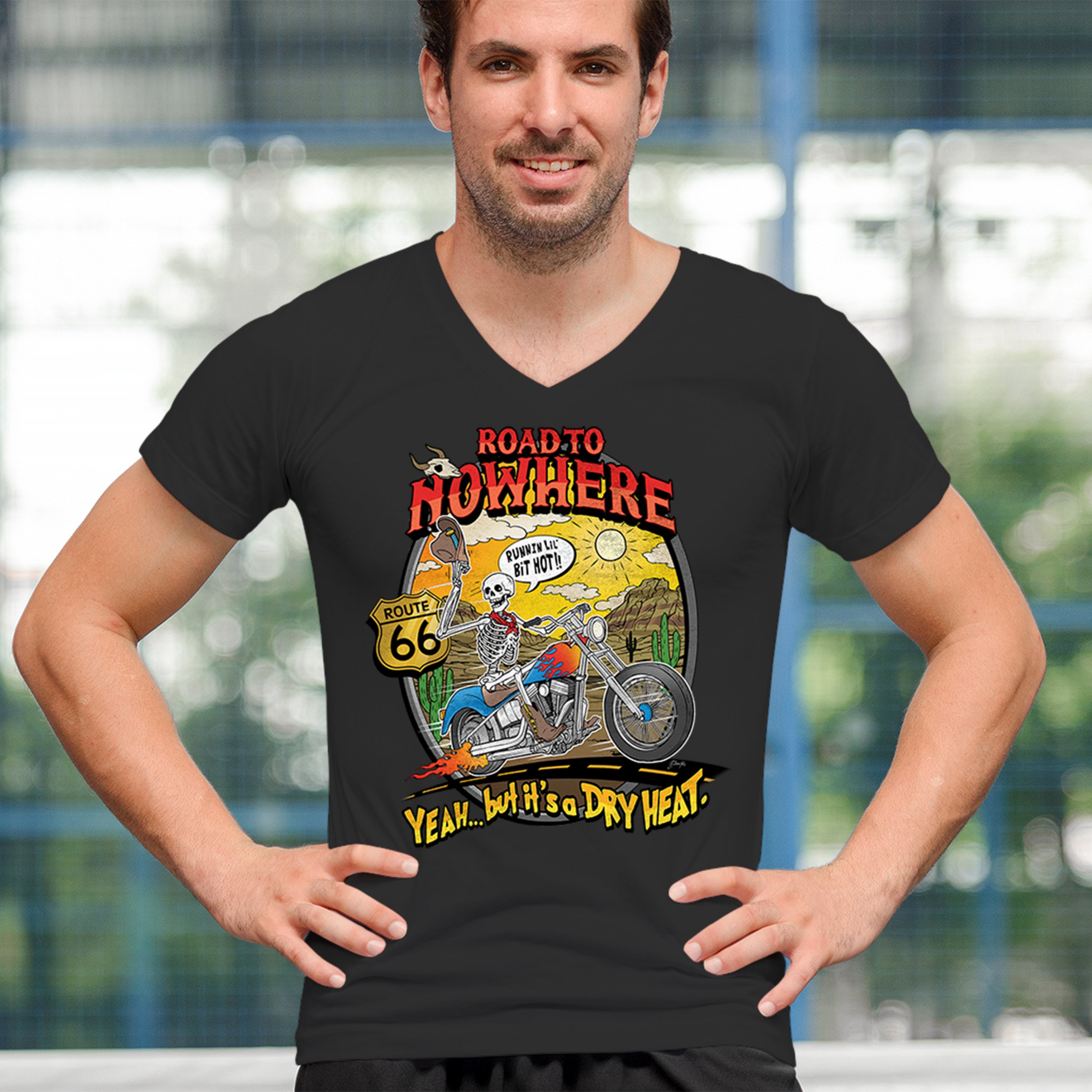 ALTRA Maglietta da moto Road to Nowhere collo a V But its a Dry Heat divertente biker