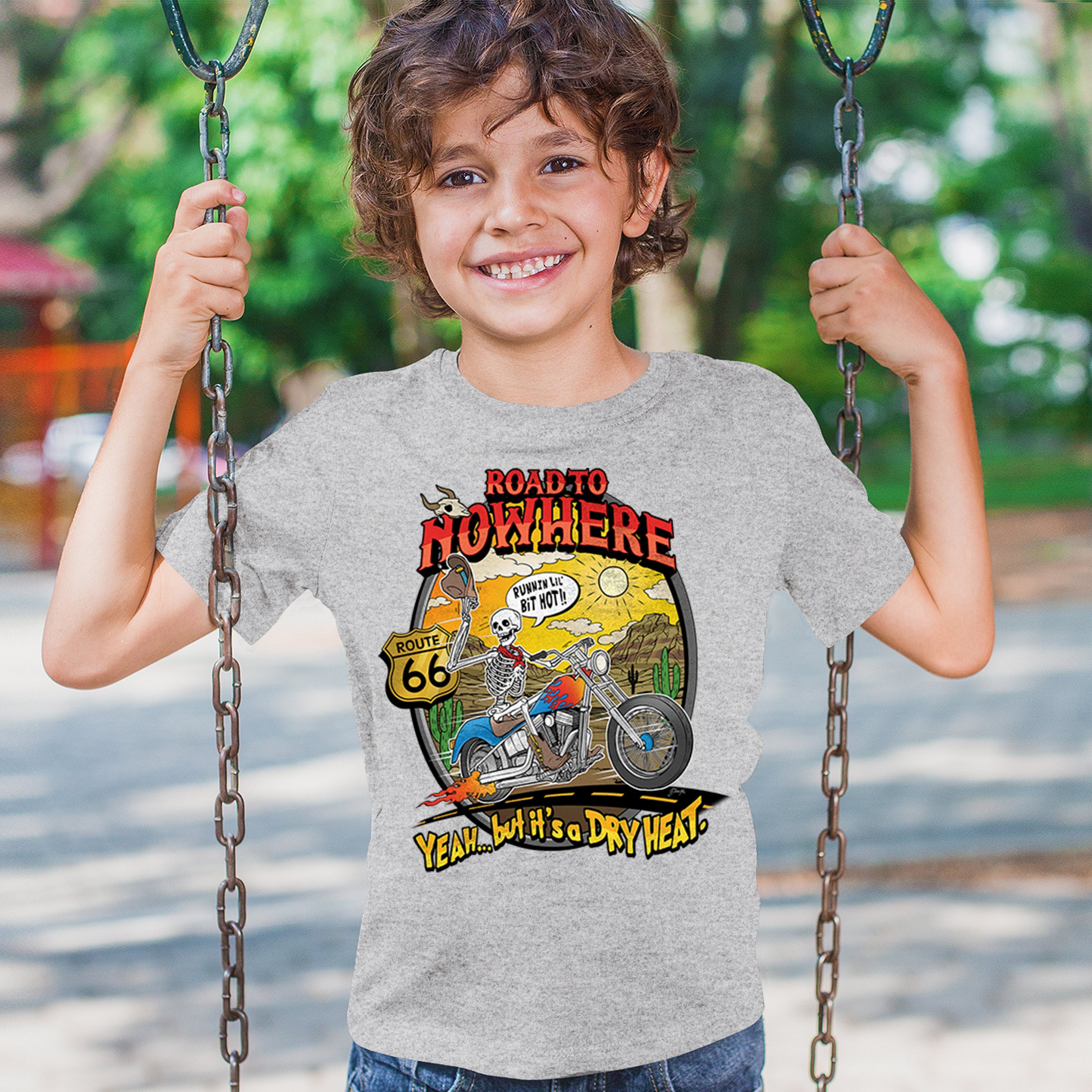 Road to Nowhere Youth T-shirt But its a Dry Heat Funny Biker Motorcycle Kids - Picture 12 of 50