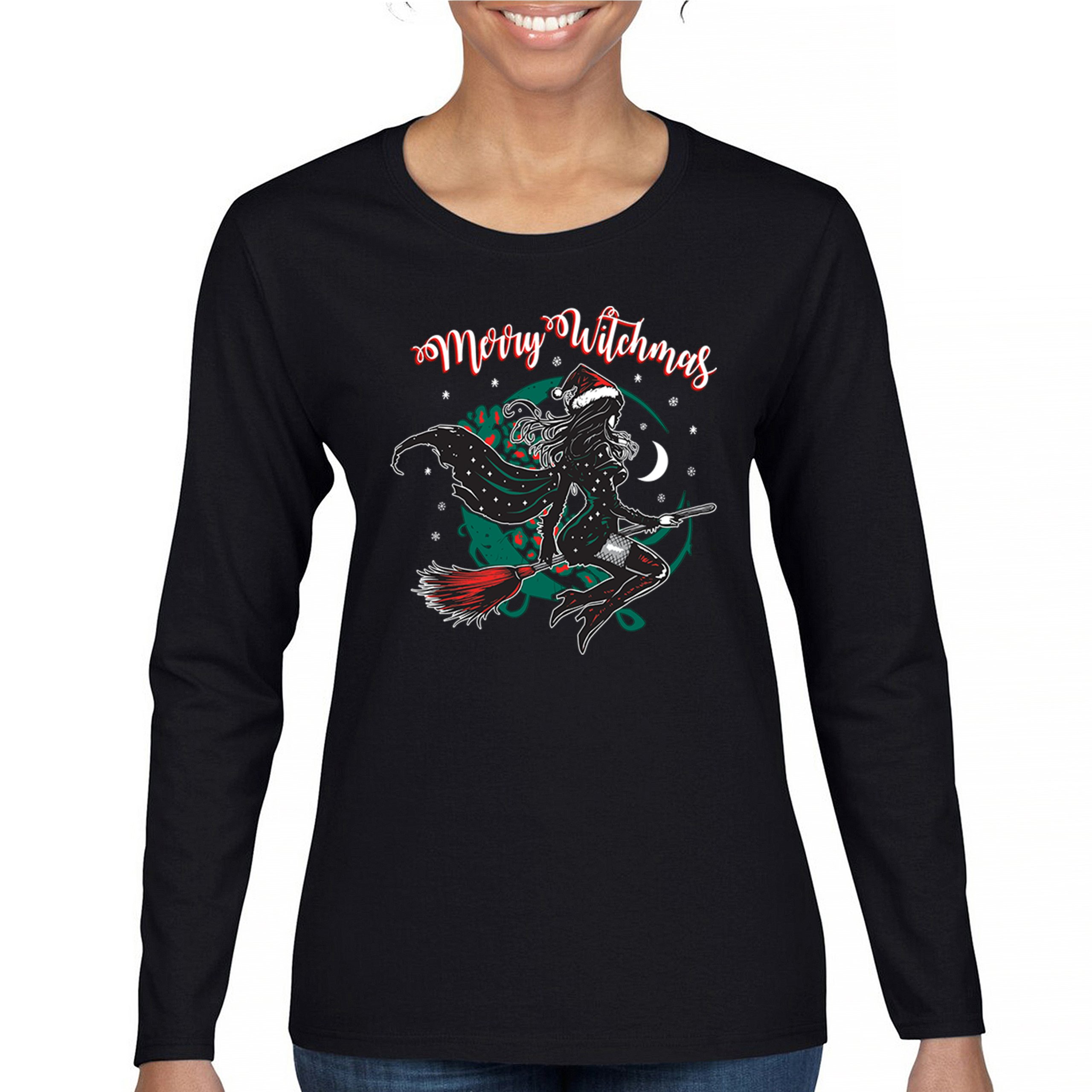 Merry Witchmas Women's Long Sleeve T-shirt Cute Funny Christmas Witch Broom