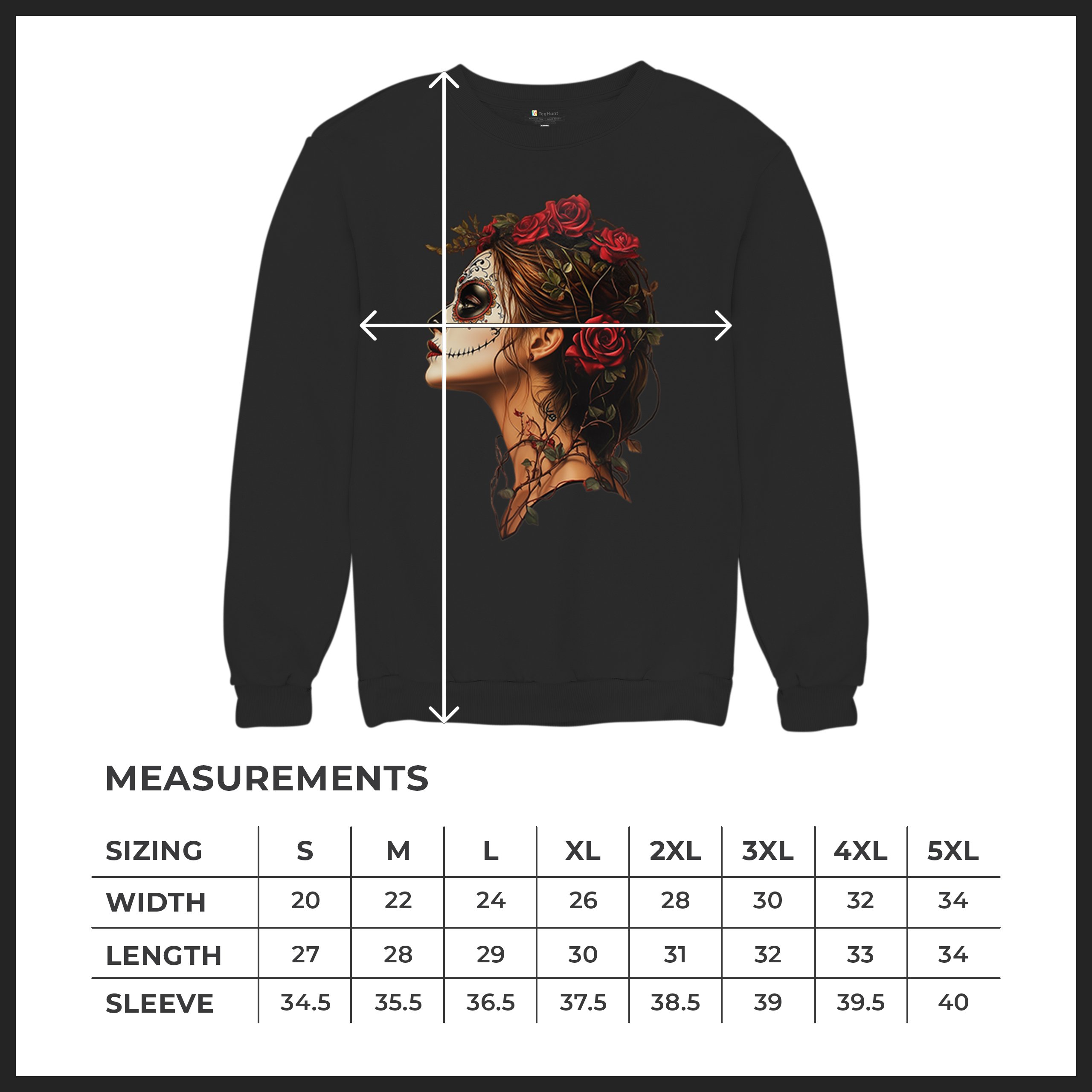 Sudadera Perfil Calavera de Azúcar Día de Los Muertos Cara Esqueleto Floral Cuello Redondo - Imagen 8 de 50