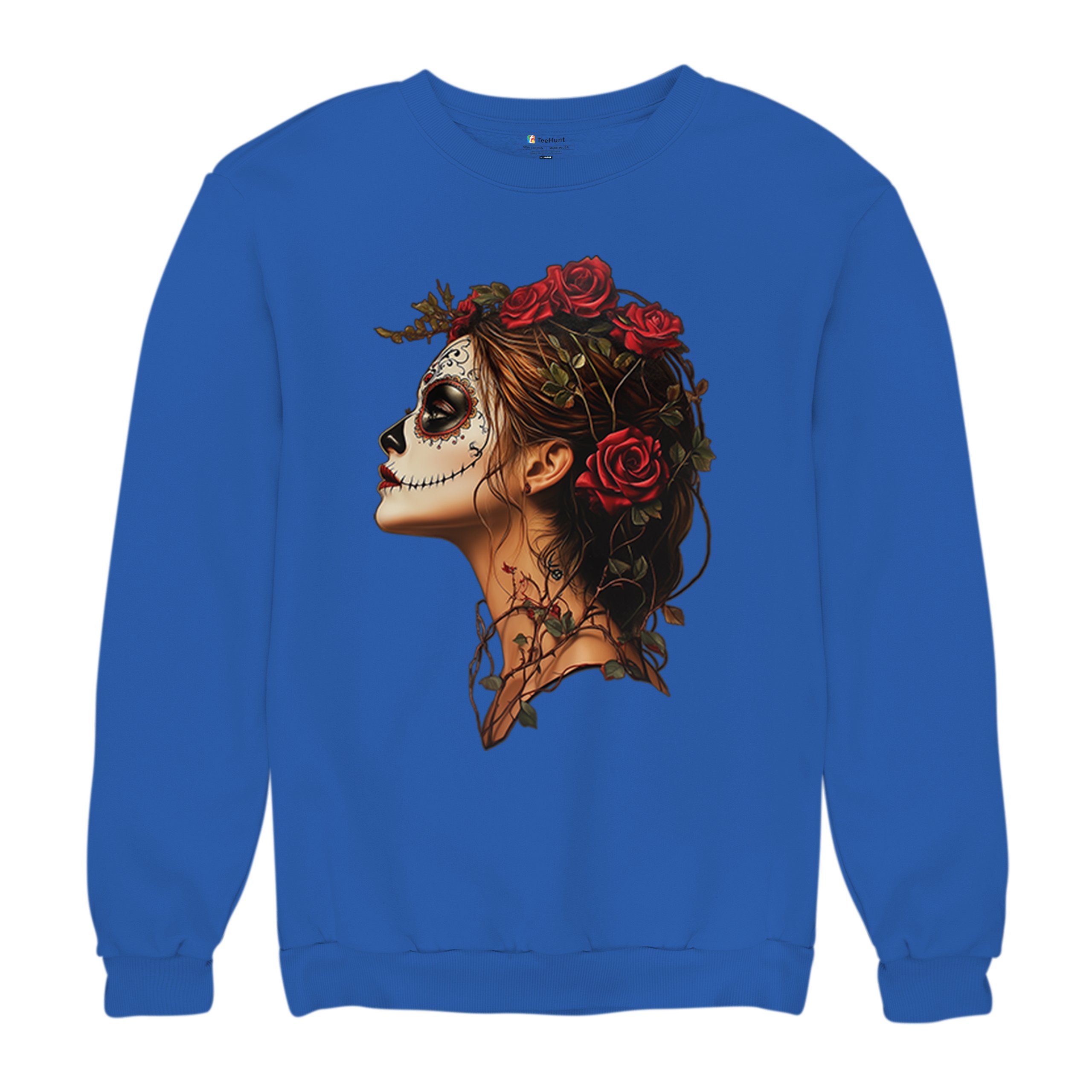 Sudadera Perfil Calavera de Azúcar Día de Los Muertos Cara Esqueleto Floral Cuello Redondo - Imagen 48 de 50