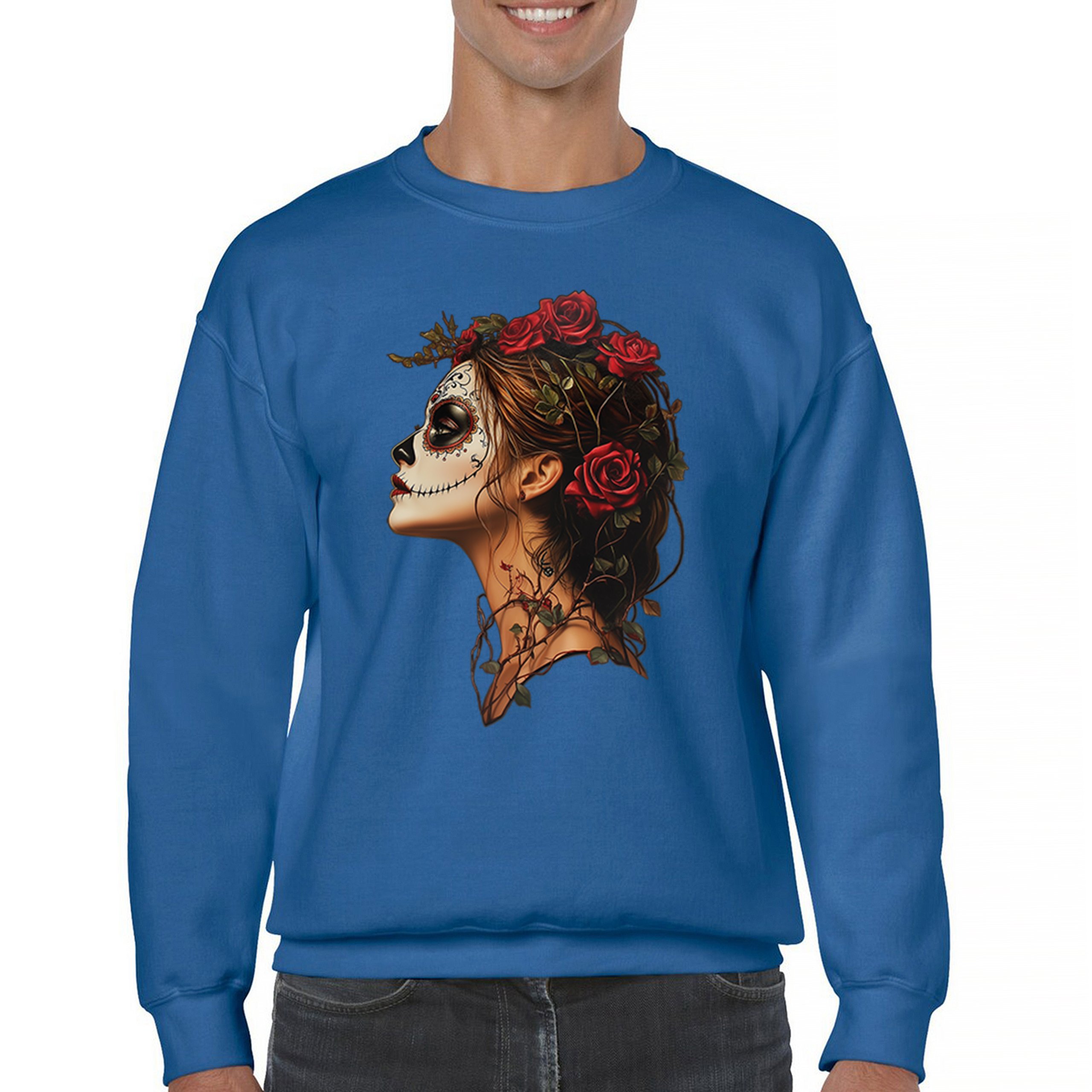 Sudadera Perfil Calavera de Azúcar Día de Los Muertos Cara Esqueleto Floral Cuello Redondo - Imagen 44 de 50