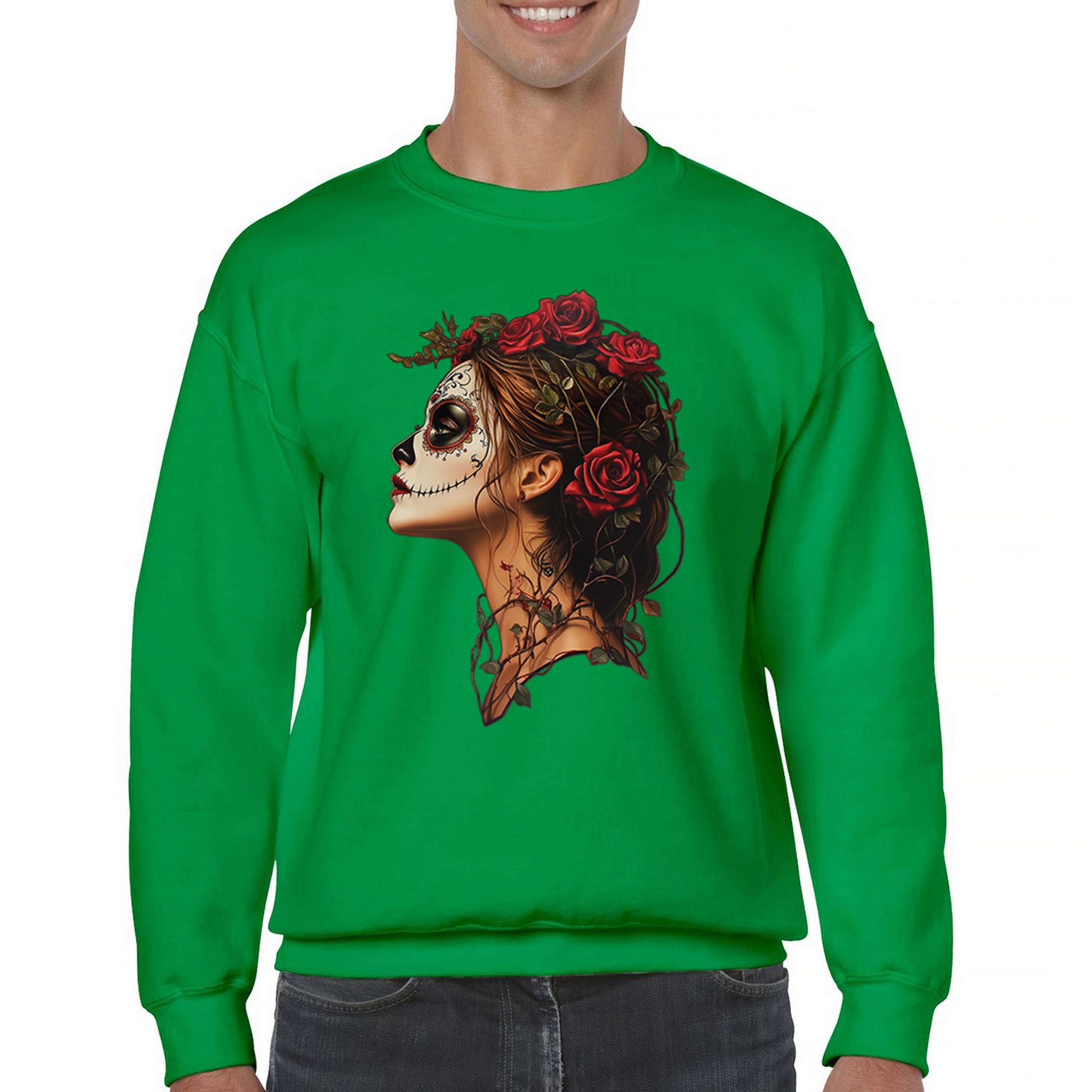 Sudadera Perfil Calavera de Azúcar Día de Los Muertos Cara Esqueleto Floral Cuello Redondo - Imagen 37 de 50