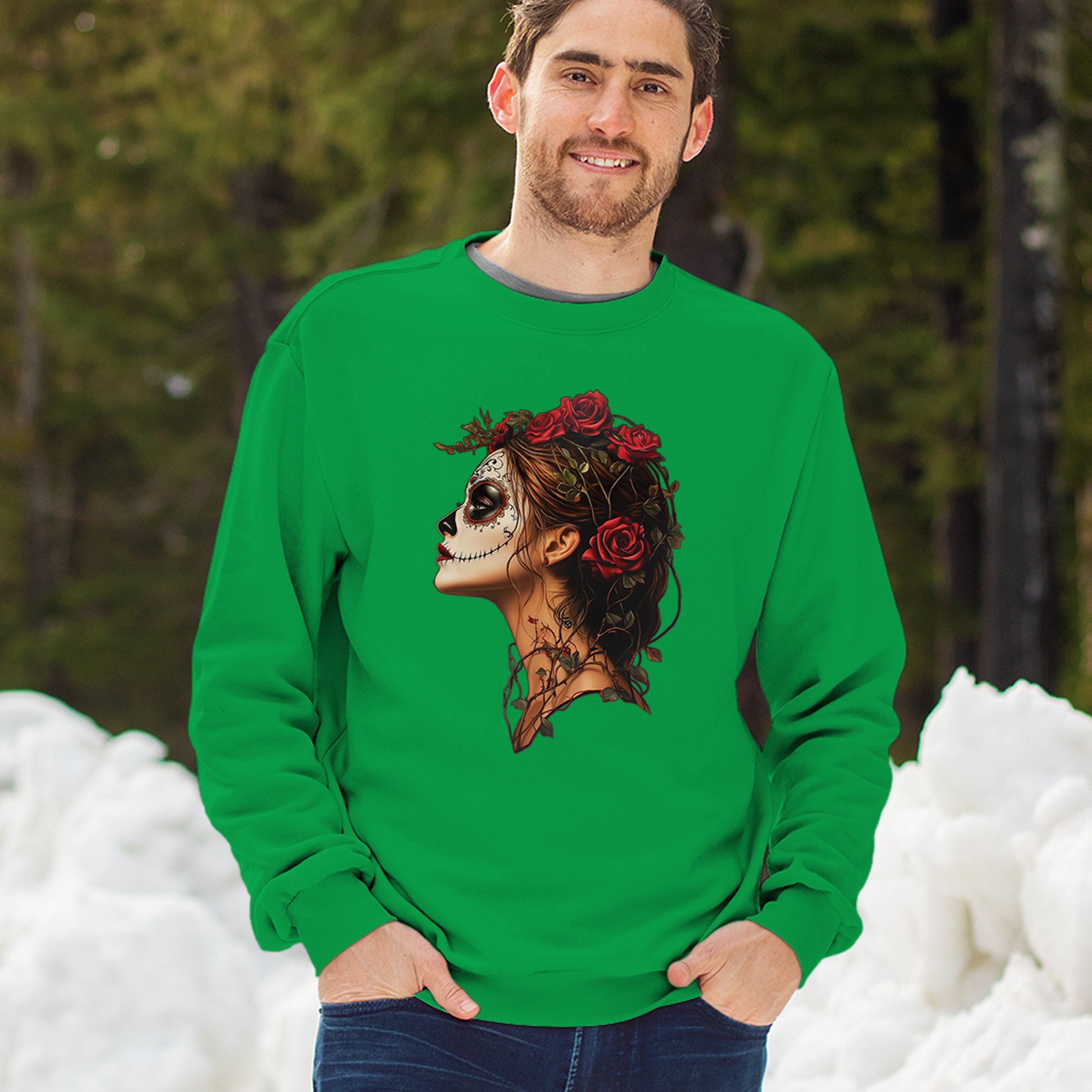 Sudadera Perfil Calavera de Azúcar Día de Los Muertos Cara Esqueleto Floral Cuello Redondo - Imagen 40 de 50