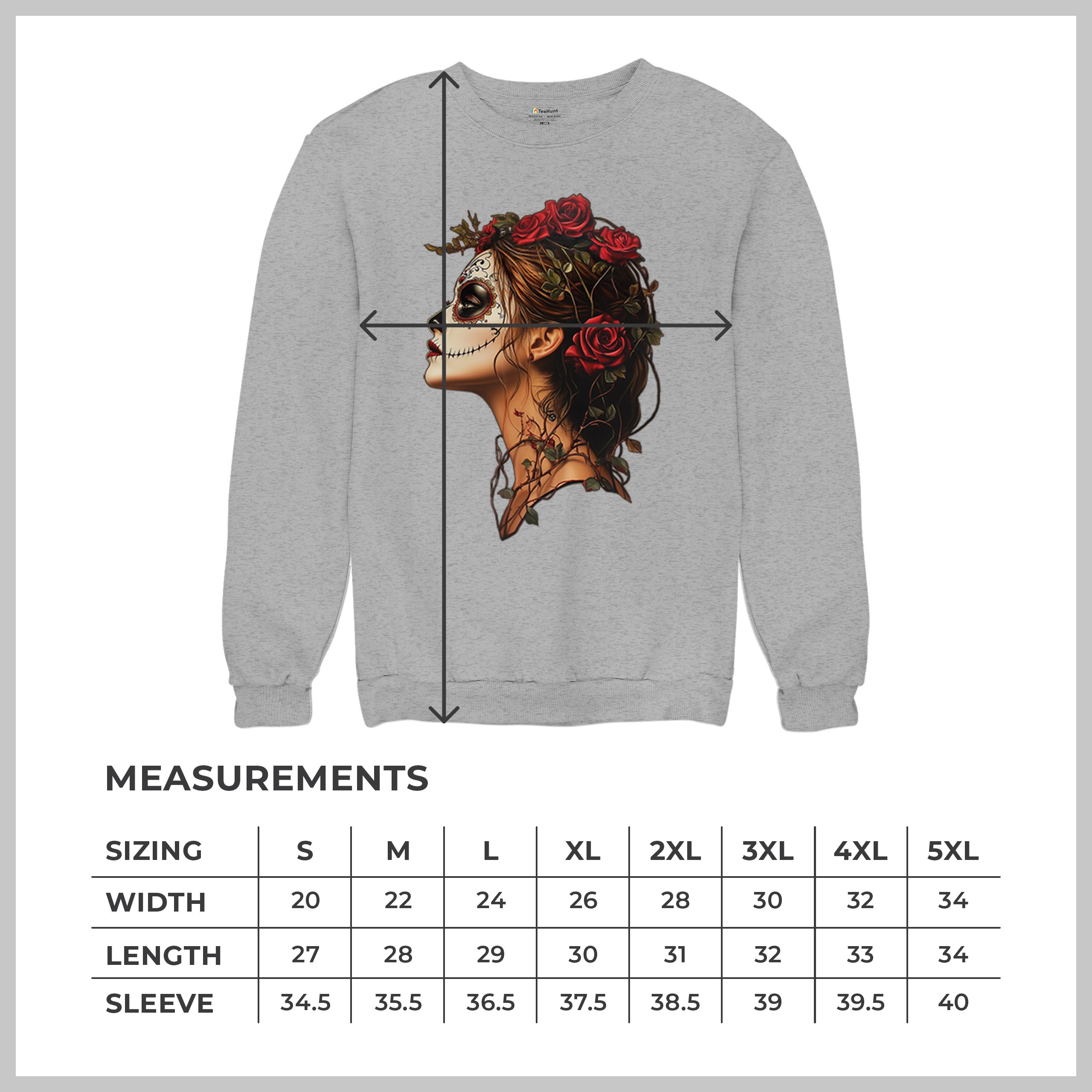 Sudadera Perfil Calavera de Azúcar Día de Los Muertos Cara Esqueleto Floral Cuello Redondo - Imagen 15 de 50