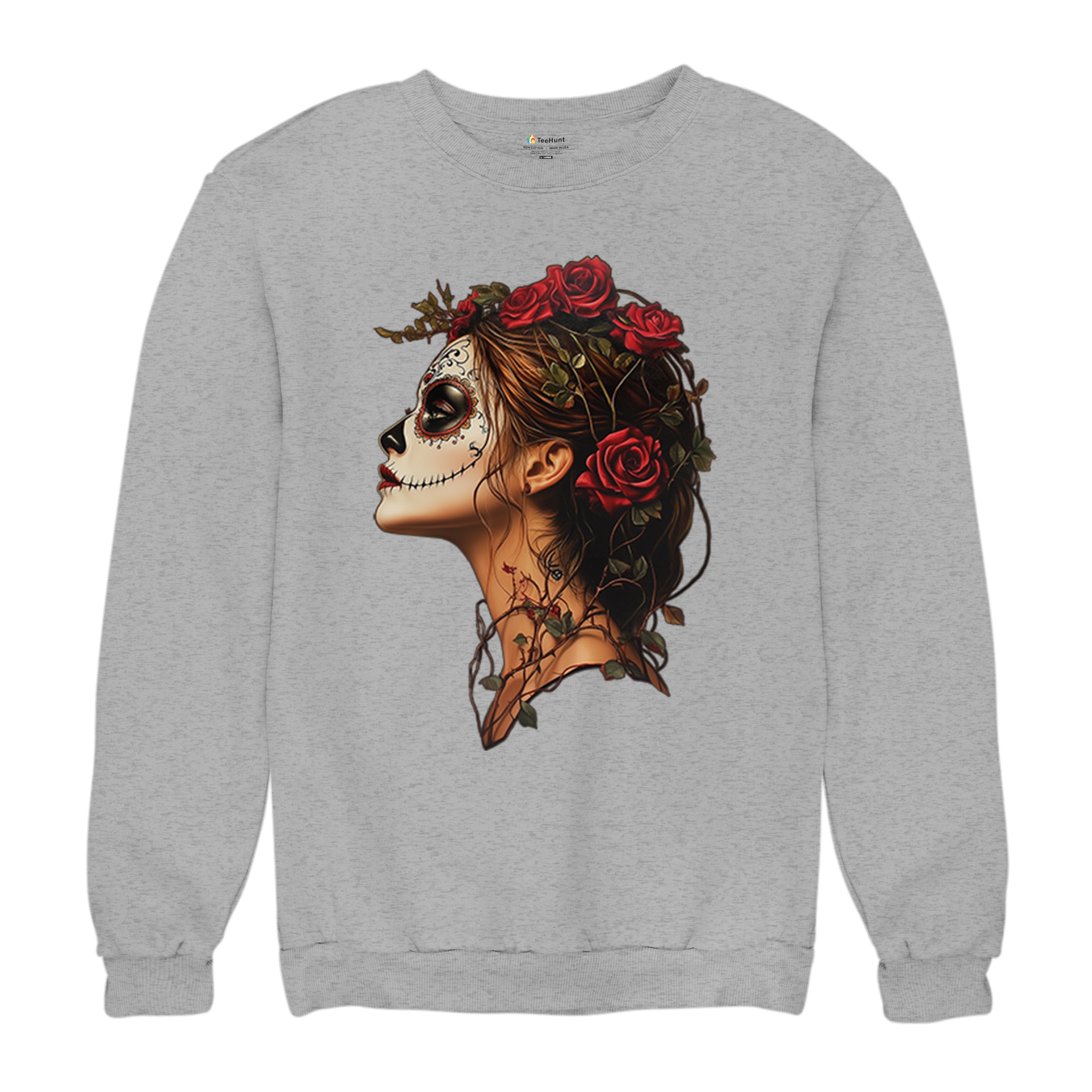 Sudadera Perfil Calavera de Azúcar Día de Los Muertos Cara Esqueleto Floral Cuello Redondo - Imagen 13 de 50