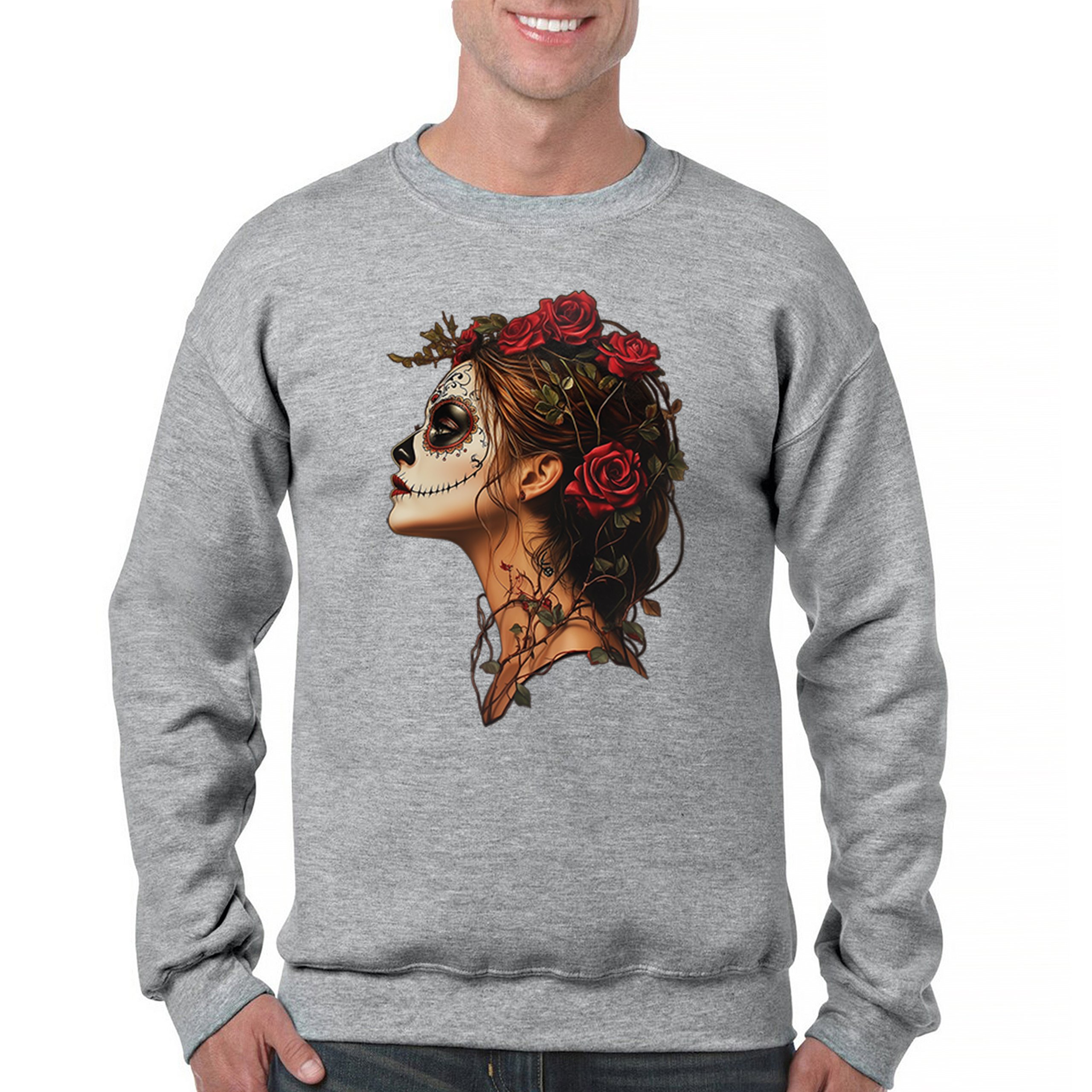 Sudadera Perfil Calavera de Azúcar Día de Los Muertos Cara Esqueleto Floral Cuello Redondo - Imagen 9 de 50