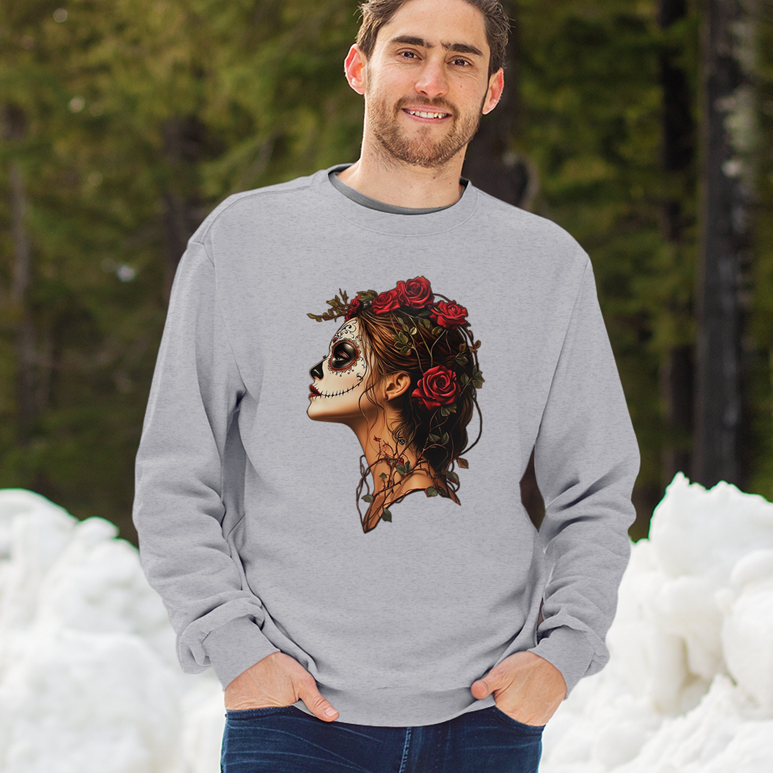 Sudadera Perfil Calavera de Azúcar Día de Los Muertos Cara Esqueleto Floral Cuello Redondo - Imagen 12 de 50