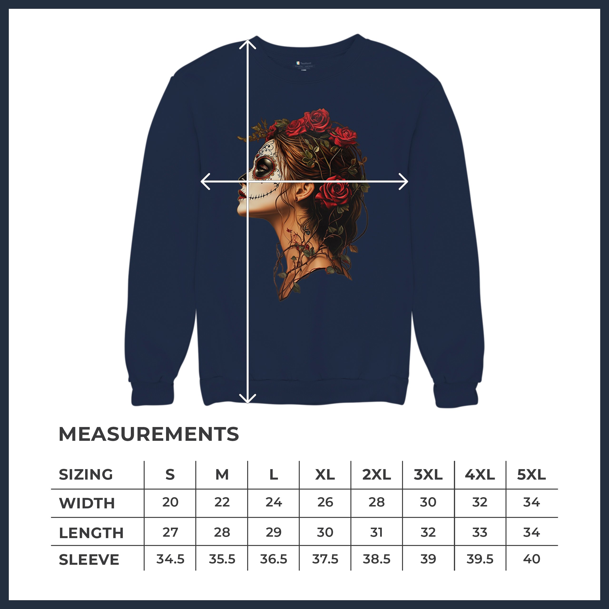 Sudadera Perfil Calavera de Azúcar Día de Los Muertos Cara Esqueleto Floral Cuello Redondo - Imagen 36 de 50