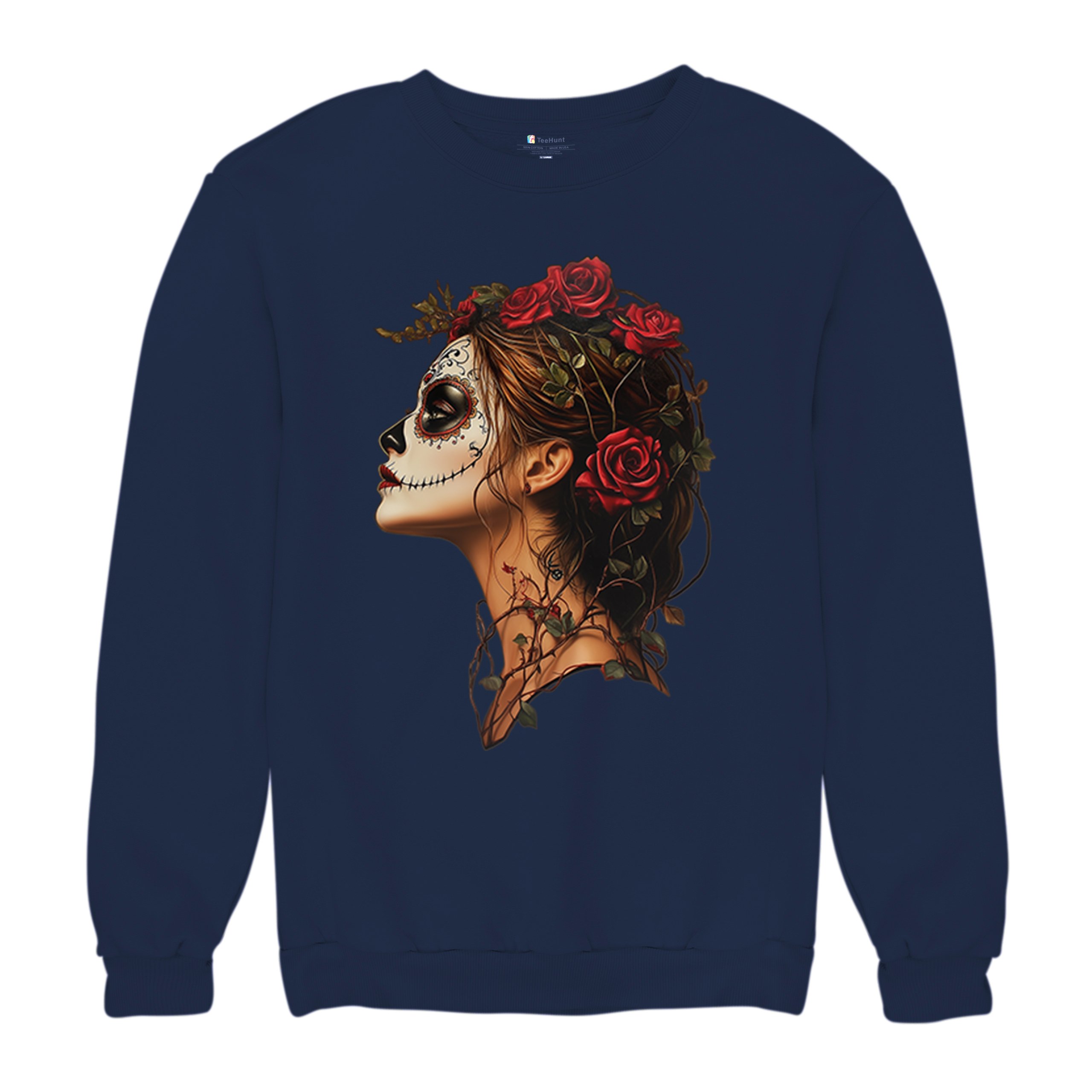Sudadera Perfil Calavera de Azúcar Día de Los Muertos Cara Esqueleto Floral Cuello Redondo - Imagen 34 de 50