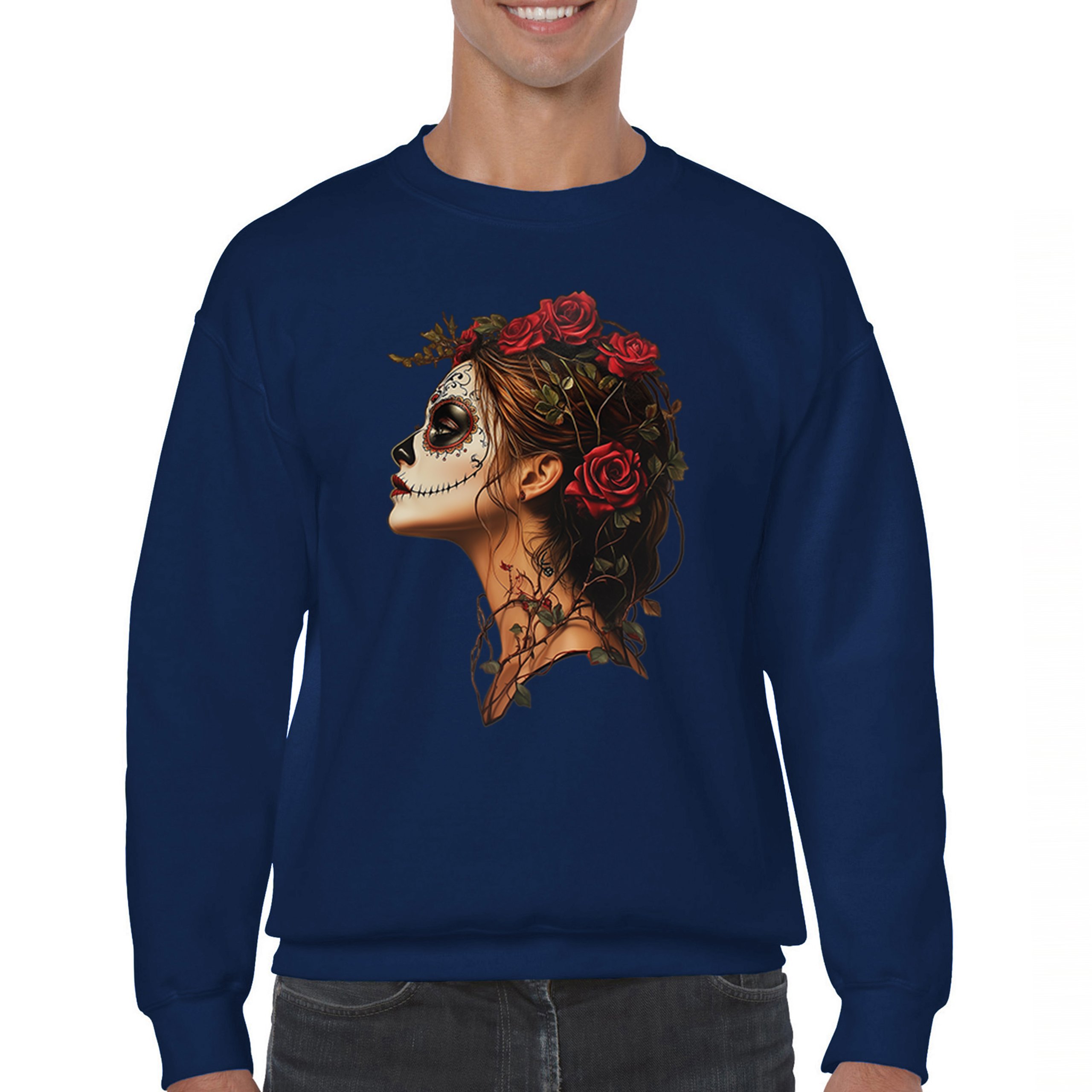 Sudadera Perfil Calavera de Azúcar Día de Los Muertos Cara Esqueleto Floral Cuello Redondo - Imagen 30 de 50