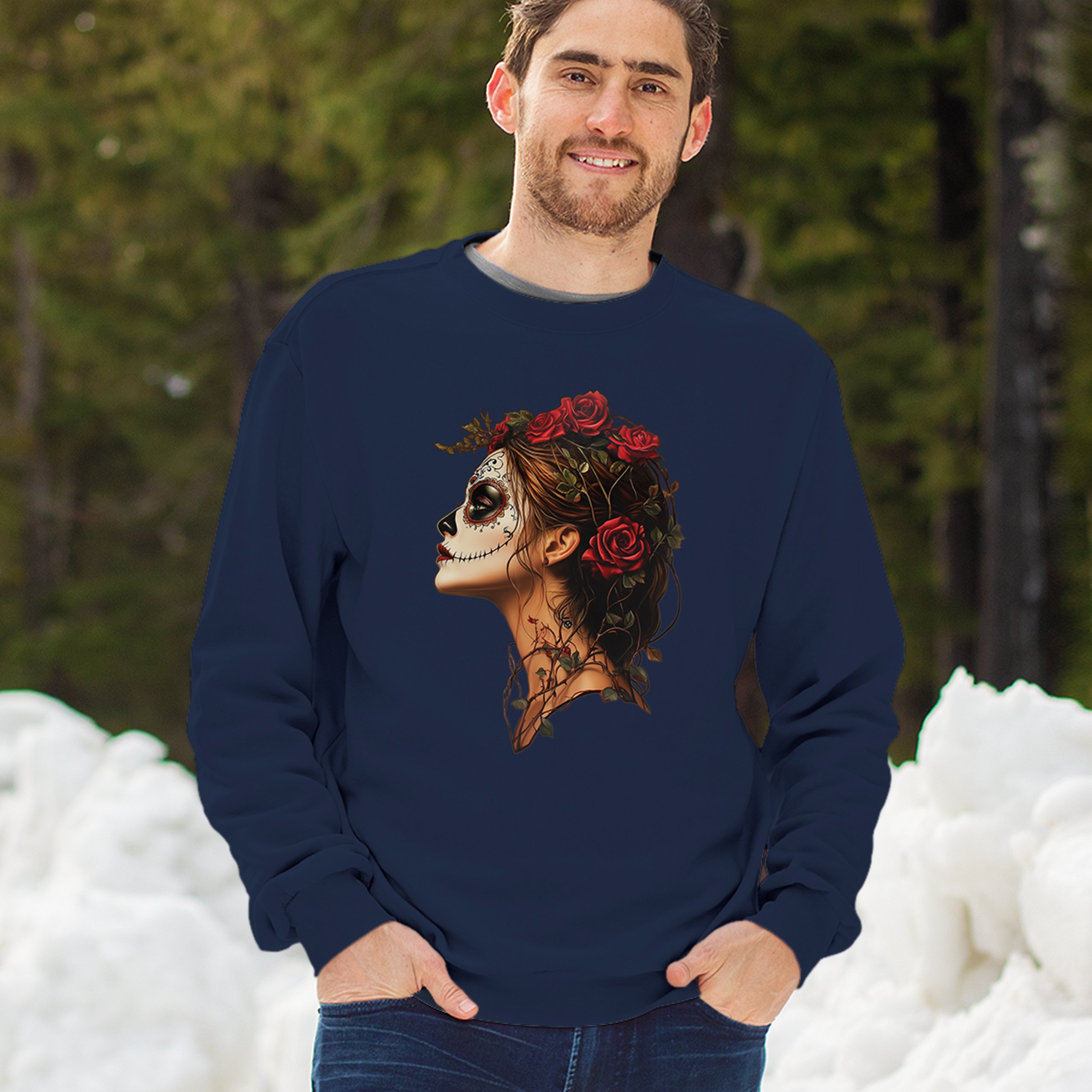 Sudadera Perfil Calavera de Azúcar Día de Los Muertos Cara Esqueleto Floral Cuello Redondo - Imagen 33 de 50