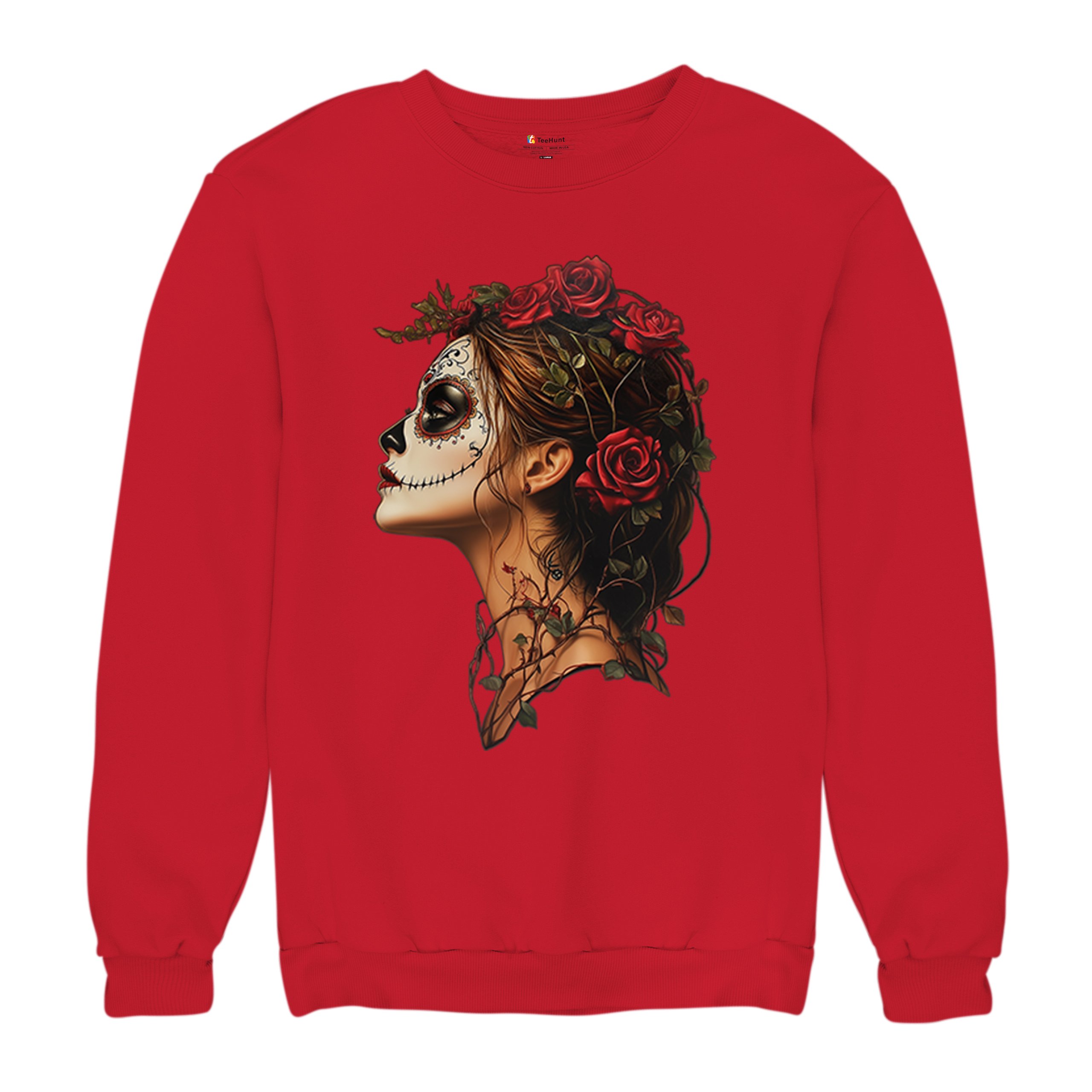 Sudadera Perfil Calavera de Azúcar Día de Los Muertos Cara Esqueleto Floral Cuello Redondo - Imagen 20 de 50