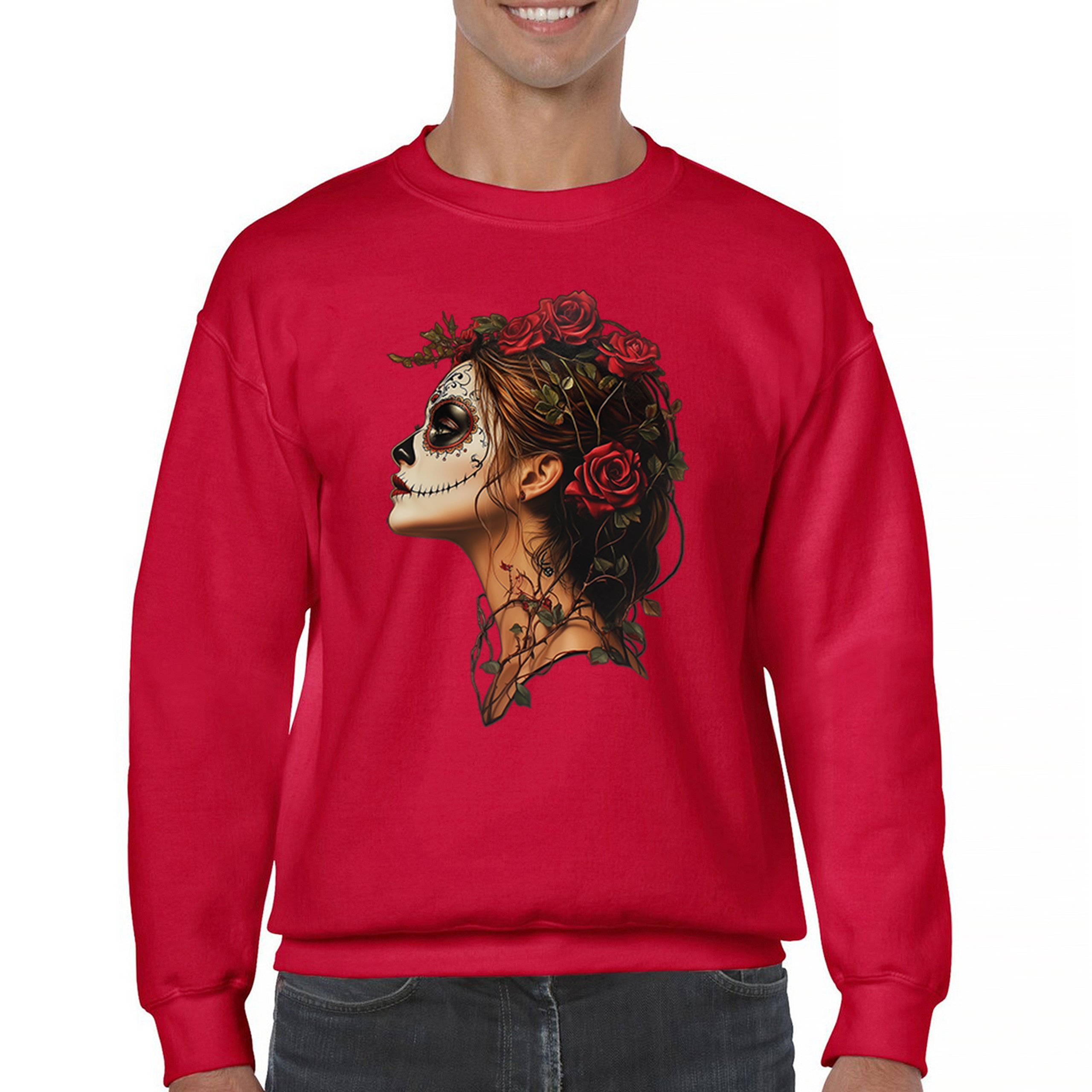 Sudadera Perfil Calavera de Azúcar Día de Los Muertos Cara Esqueleto Floral Cuello Redondo - Imagen 16 de 50