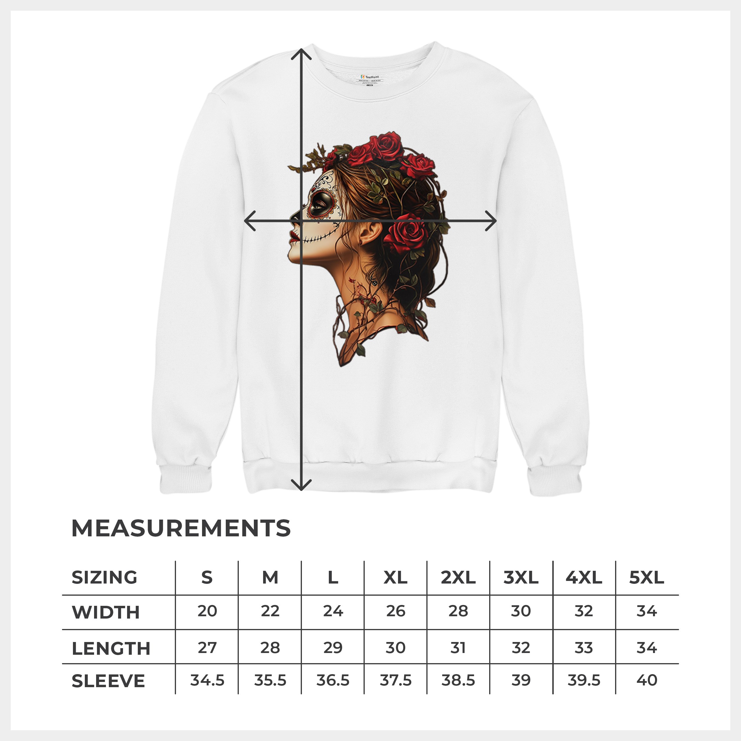 Sudadera Perfil Calavera de Azúcar Día de Los Muertos Cara Esqueleto Floral Cuello Redondo - Imagen 29 de 50