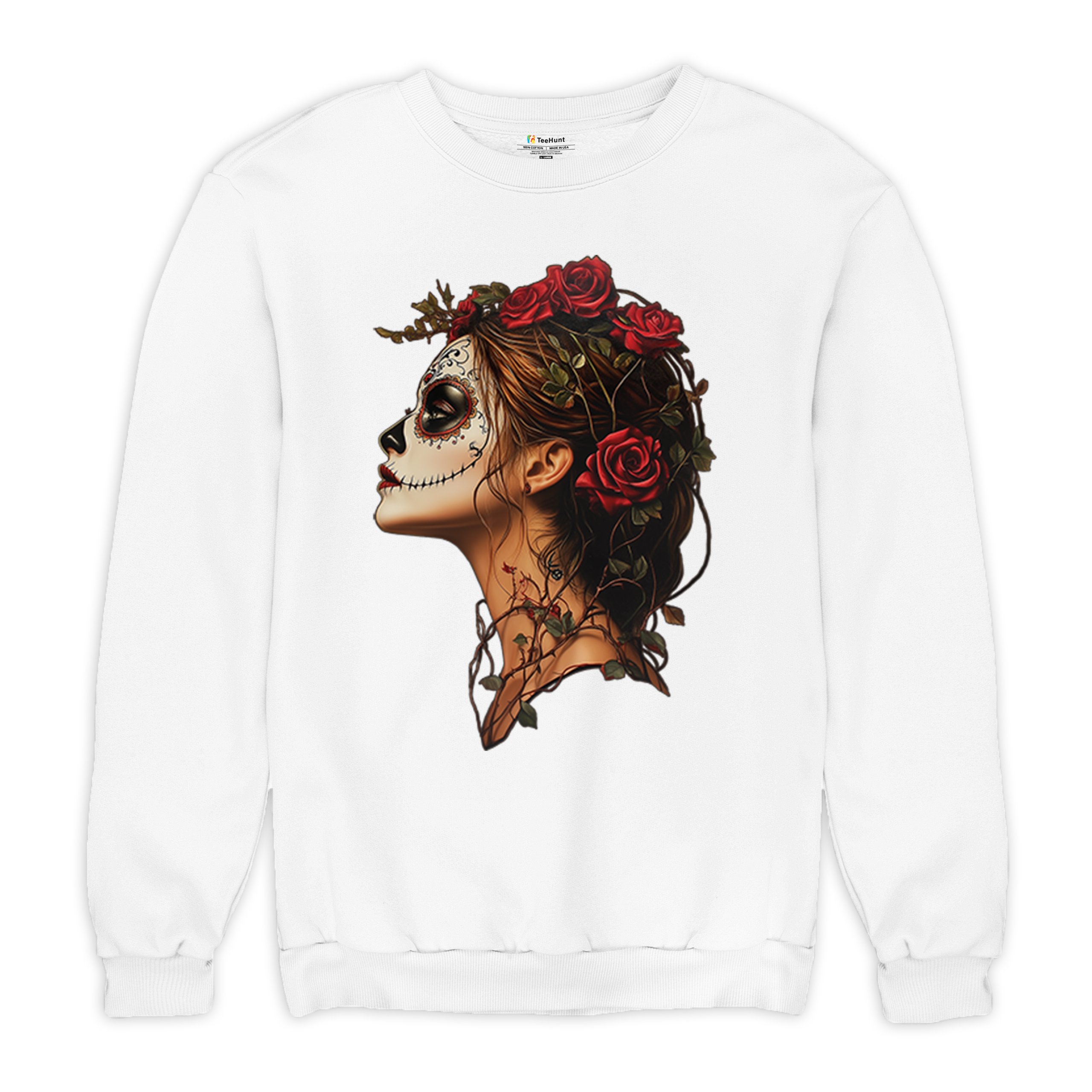 Sudadera Perfil Calavera de Azúcar Día de Los Muertos Cara Esqueleto Floral Cuello Redondo - Imagen 27 de 50