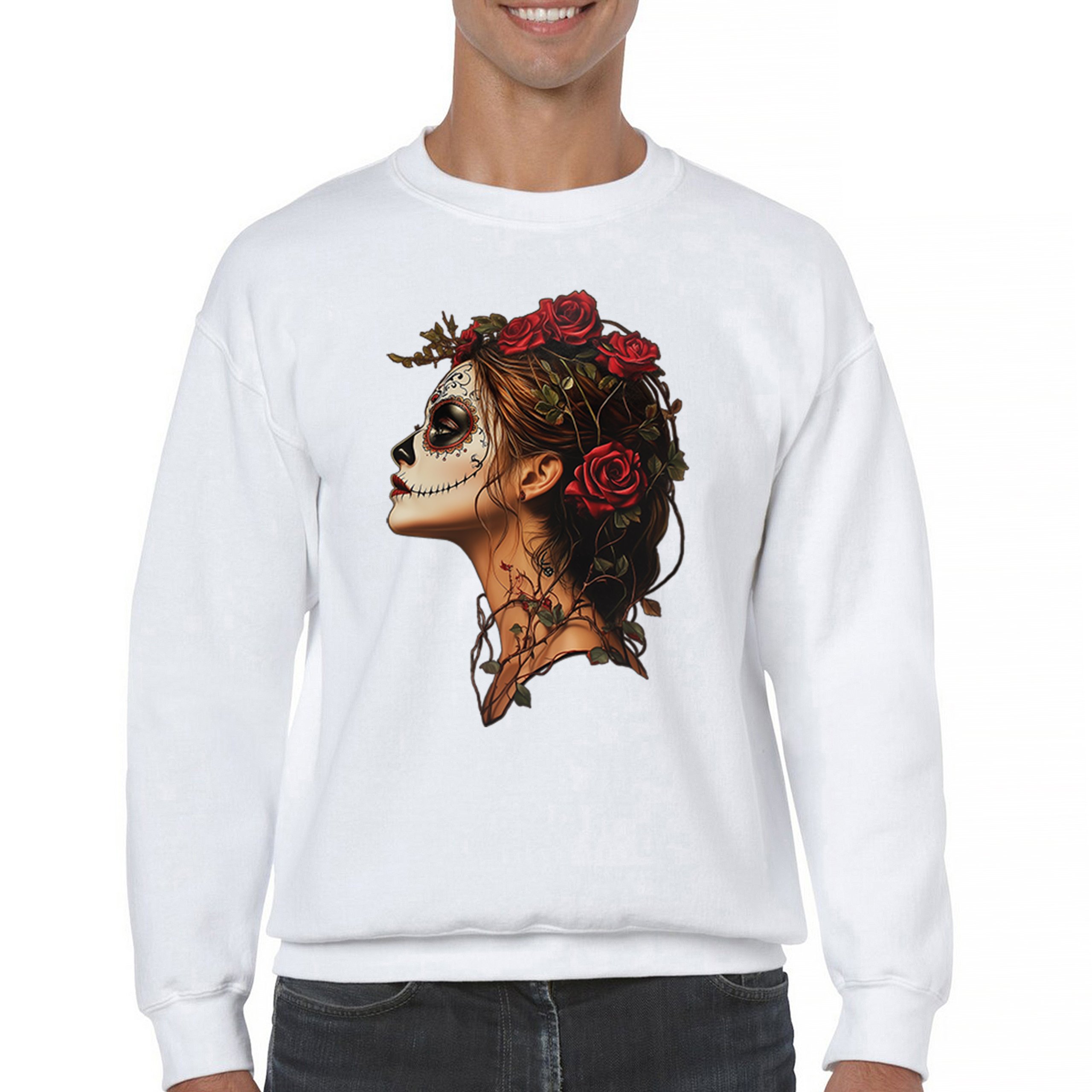 Sudadera Perfil Calavera de Azúcar Día de Los Muertos Cara Esqueleto Floral Cuello Redondo - Imagen 23 de 50