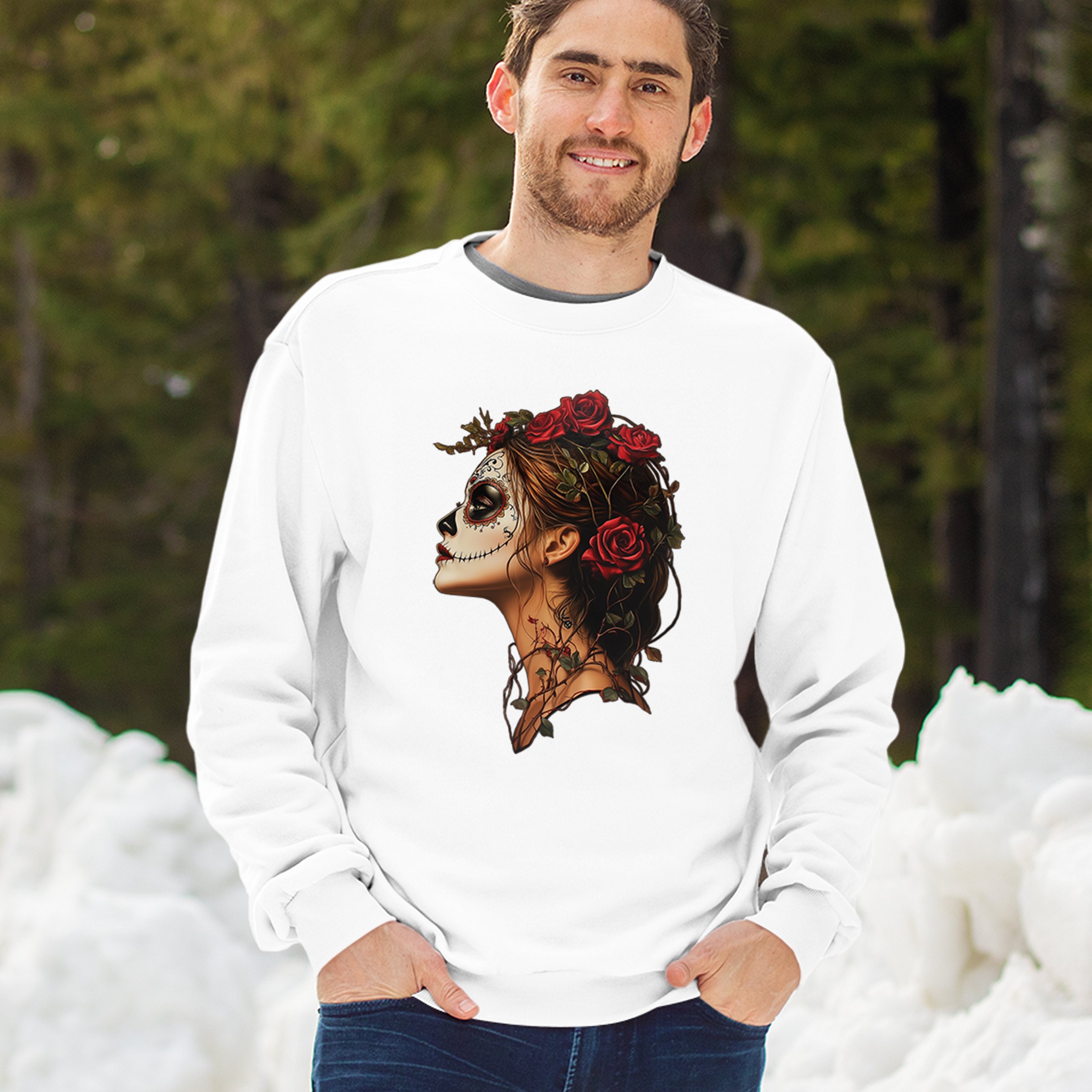 Sudadera Perfil Calavera de Azúcar Día de Los Muertos Cara Esqueleto Floral Cuello Redondo - Imagen 26 de 50