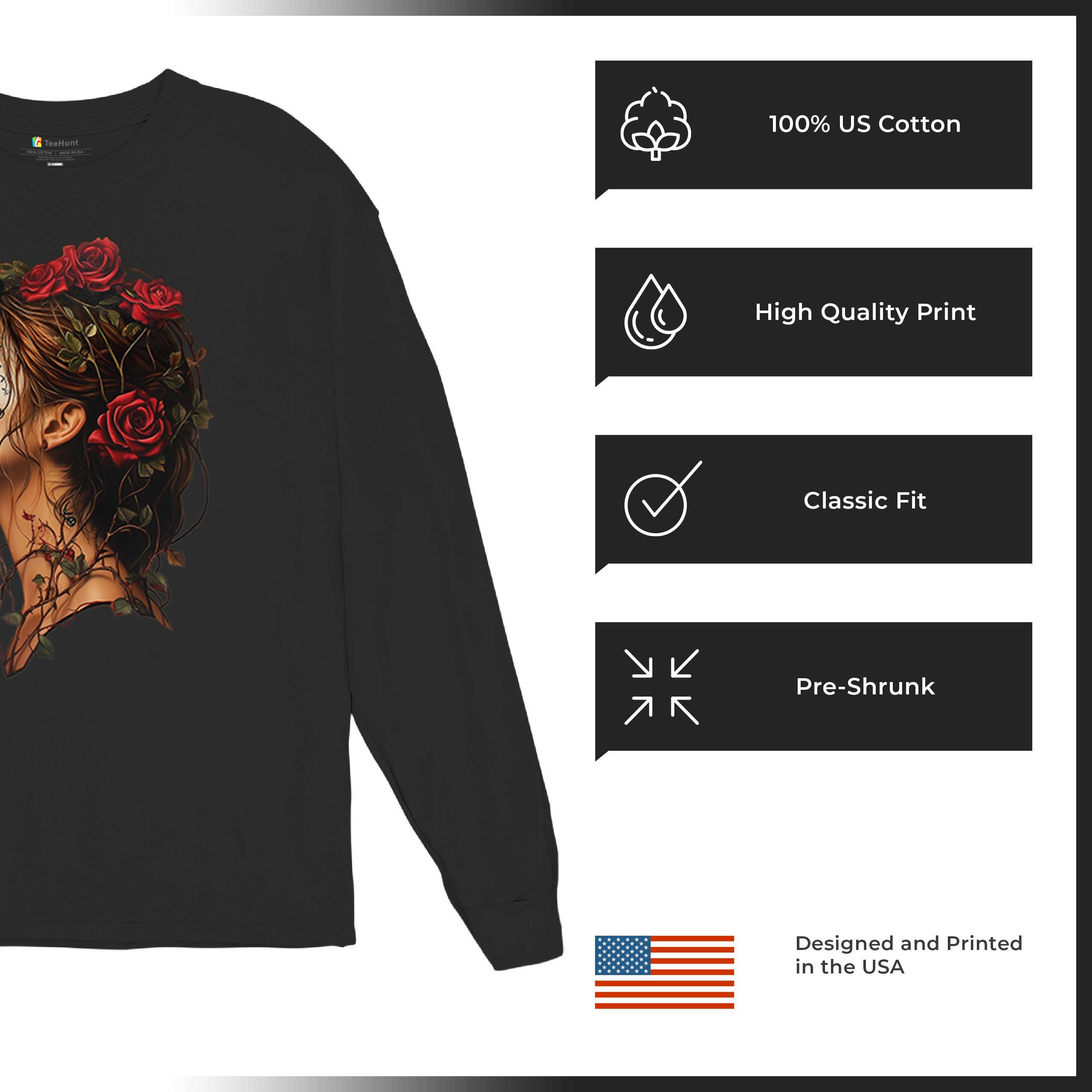 Sugar Skull Profile Long Sleeve T-shirt Dia de Los Muertos Skeleton Face Floral - Picture 7 of 78