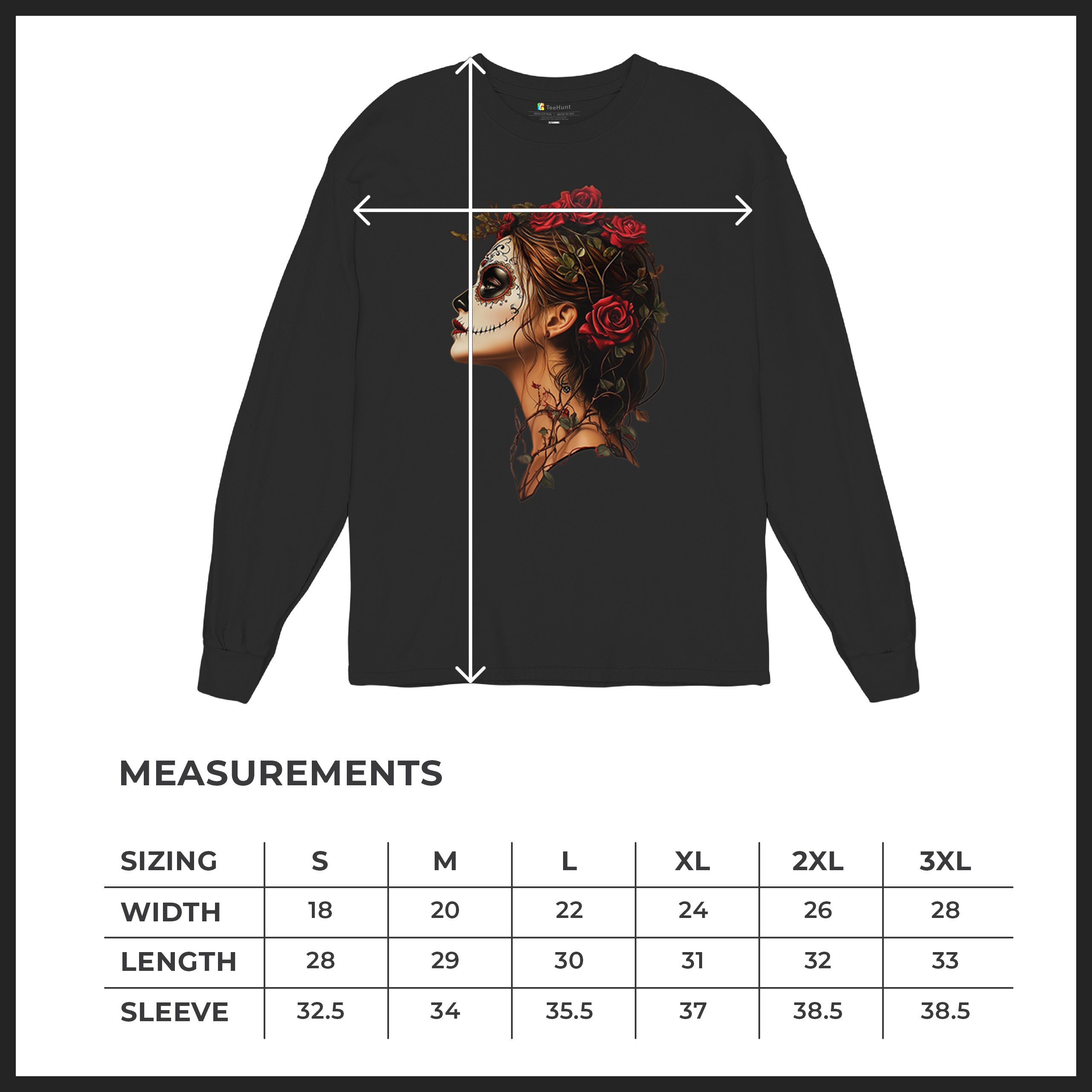 Sugar Skull Profile Long Sleeve T-shirt Dia de Los Muertos Skeleton Face Floral - Picture 8 of 78