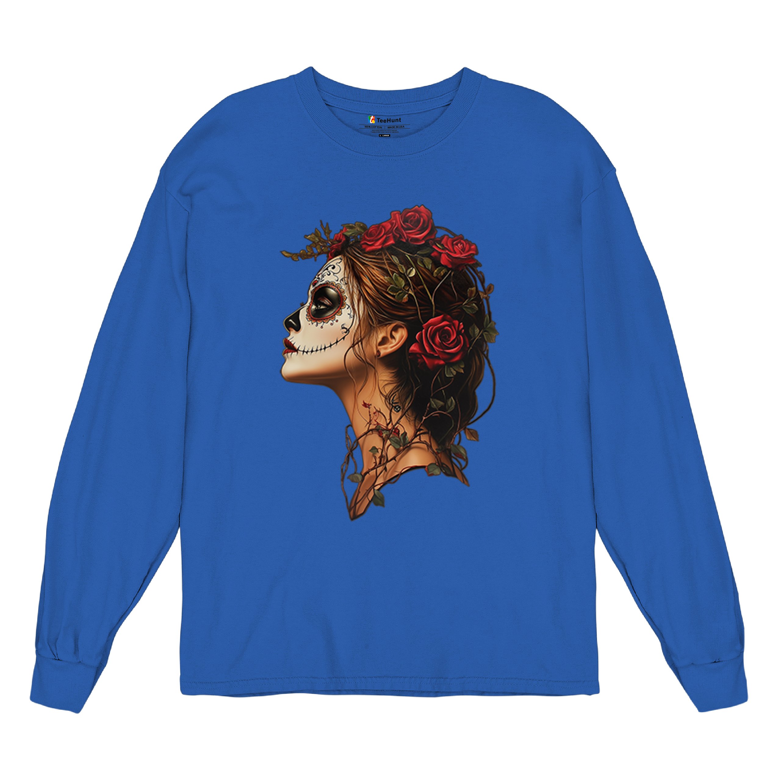 Sugar Skull Profile Long Sleeve T-shirt Dia de Los Muertos Skeleton Face Floral - Picture 62 of 78