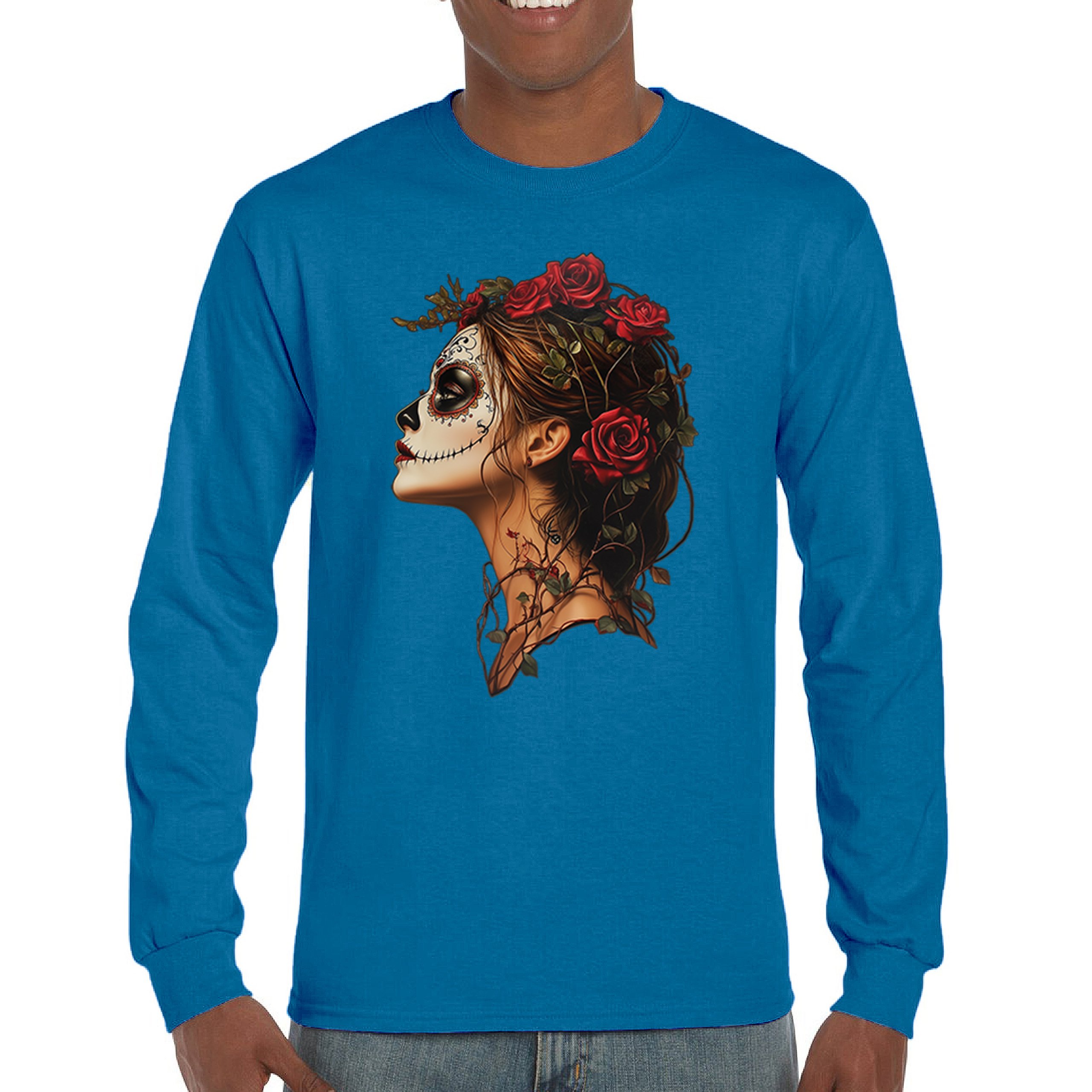 Sugar Skull Profile Long Sleeve T-shirt Dia de Los Muertos Skeleton Face Floral - Picture 58 of 78