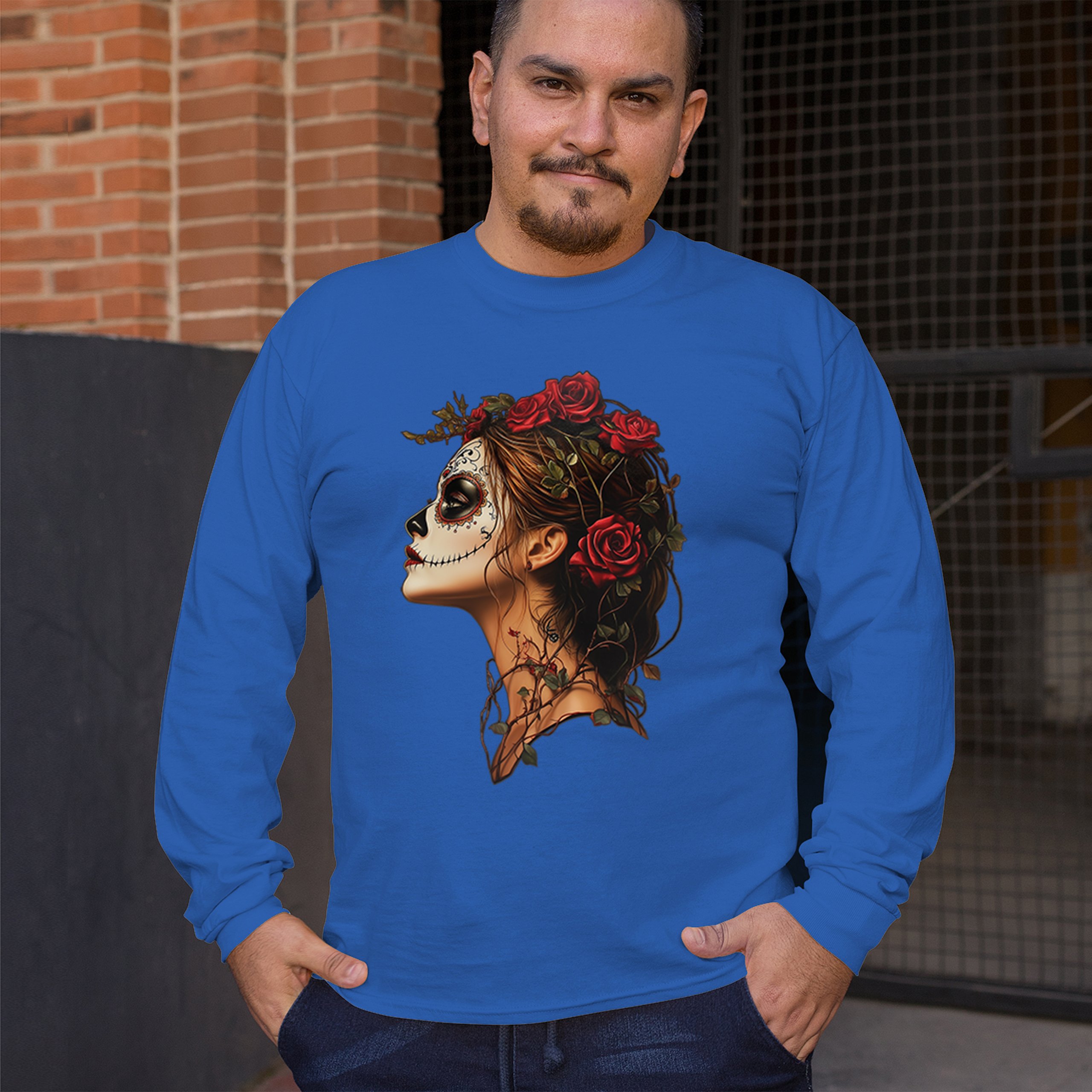 Sugar Skull Profile Long Sleeve T-shirt Dia de Los Muertos Skeleton Face Floral - Picture 61 of 78