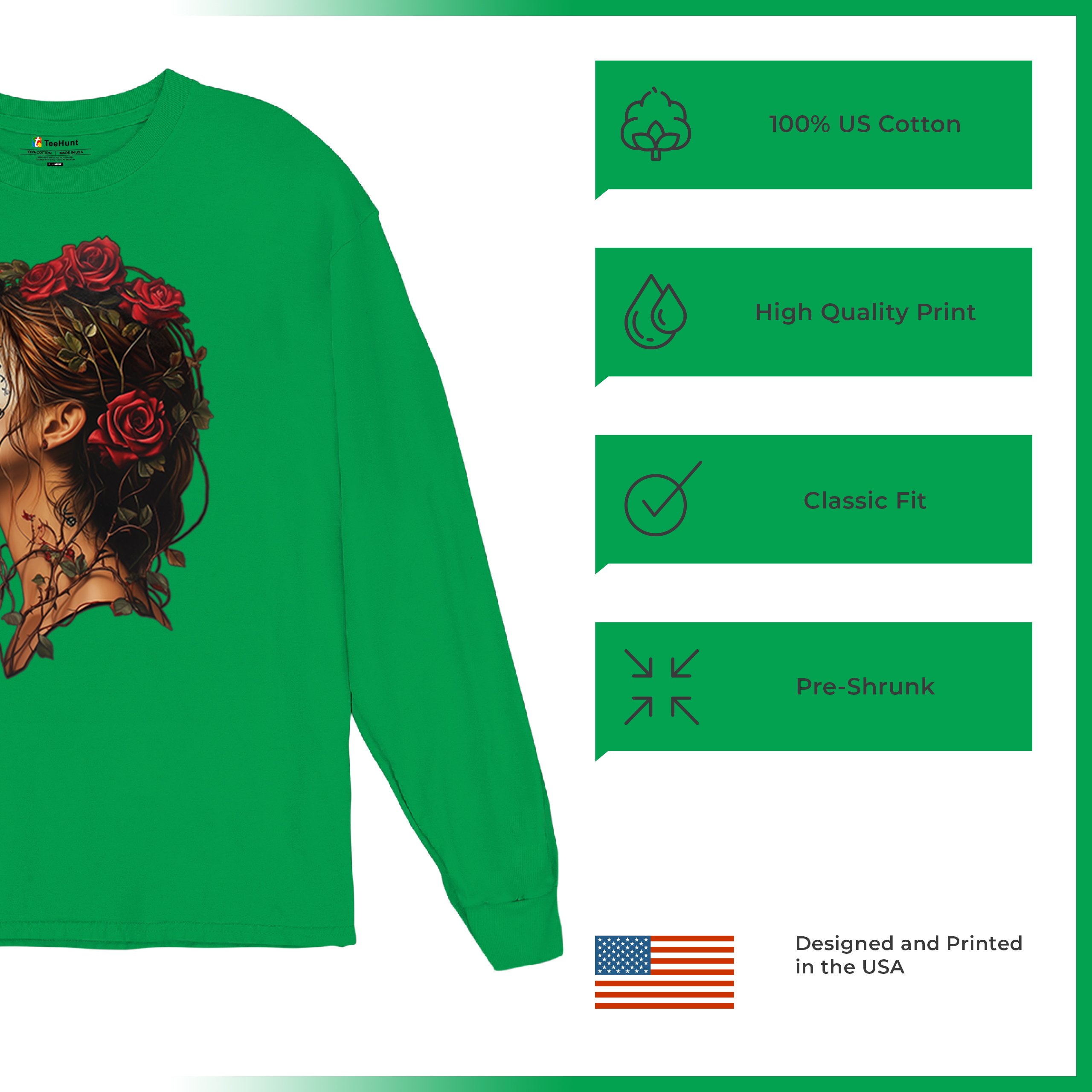 Sugar Skull Profile Long Sleeve T-shirt Dia de Los Muertos Skeleton Face Floral - Picture 49 of 78