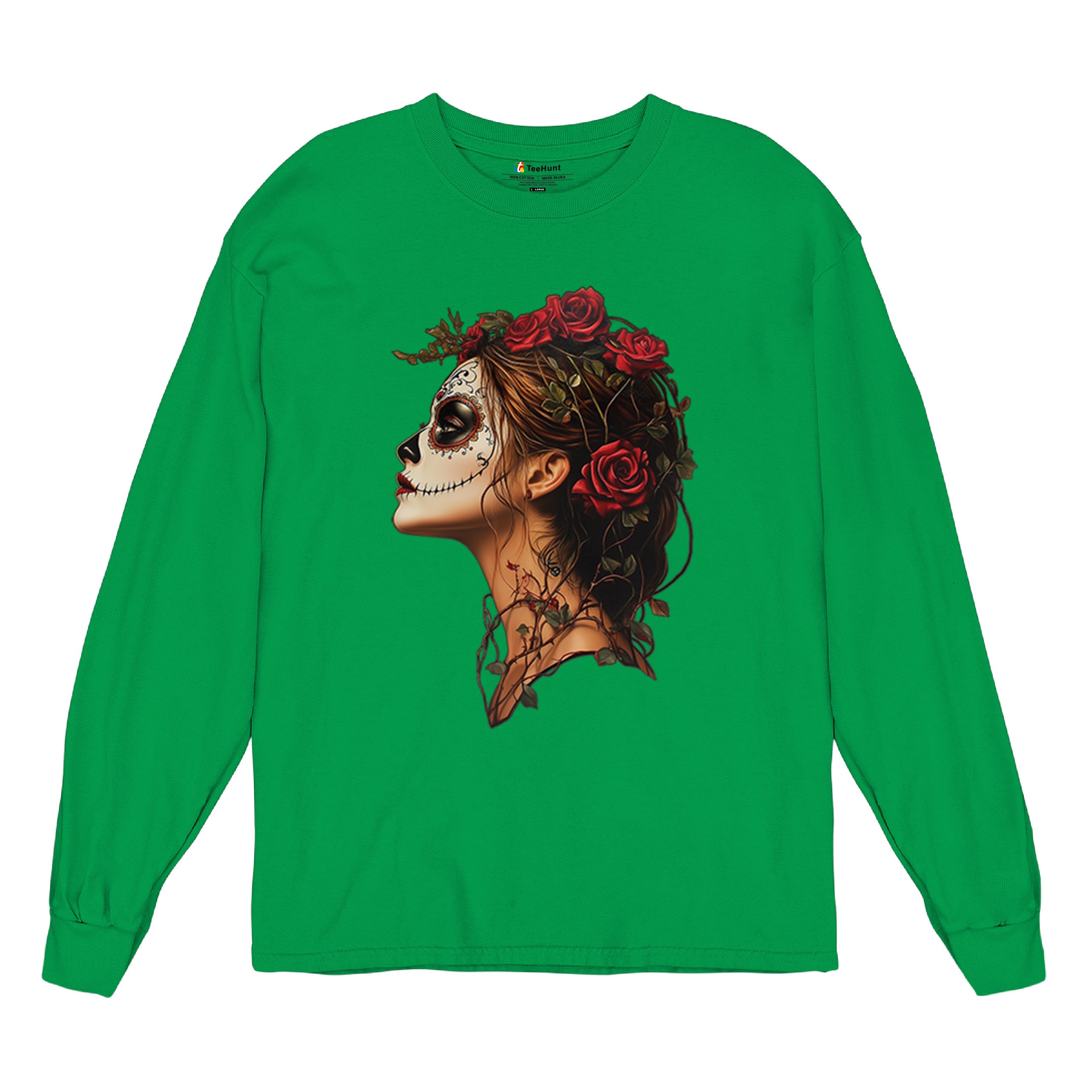 Sugar Skull Profile Long Sleeve T-shirt Dia de Los Muertos Skeleton Face Floral - Picture 48 of 78
