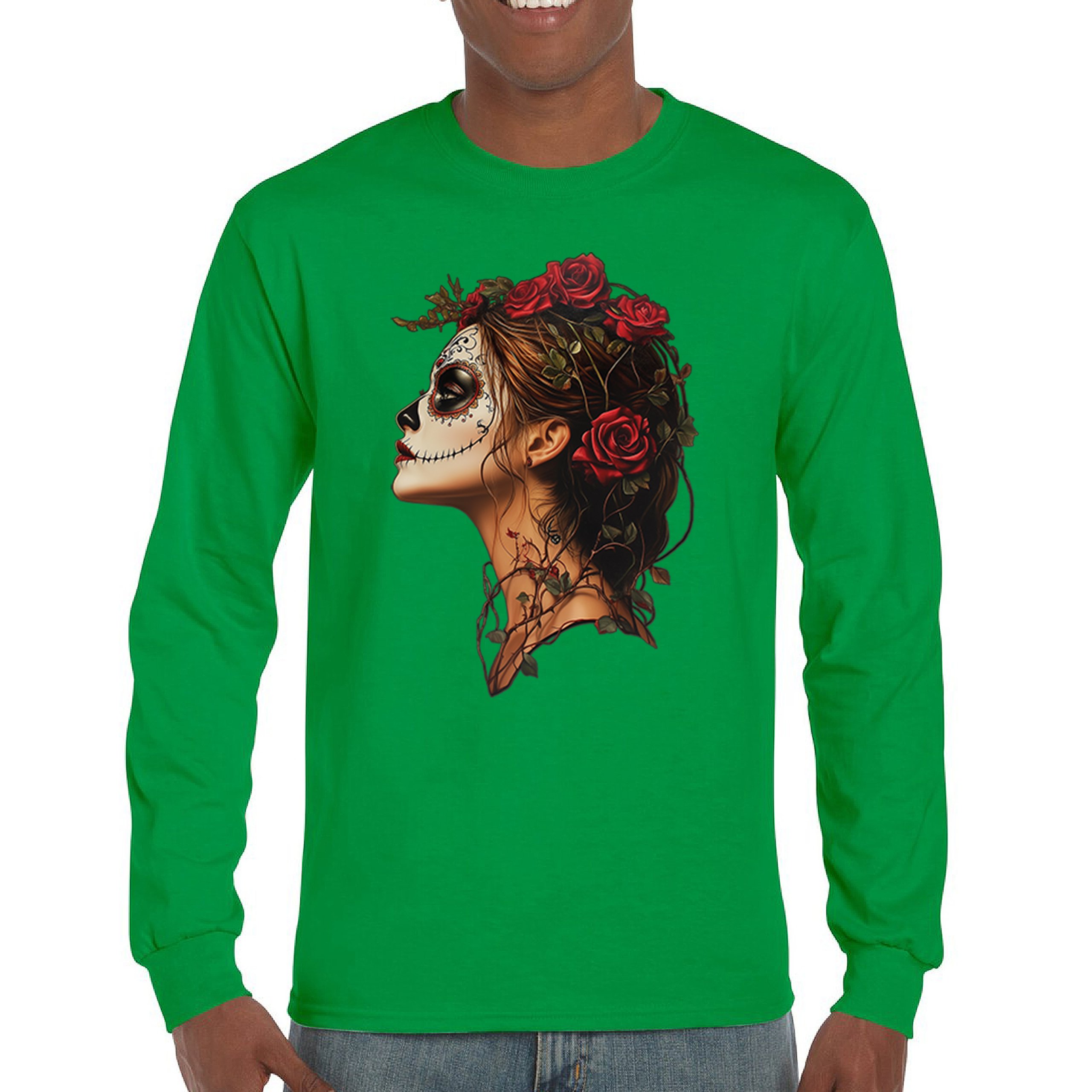 Sugar Skull Profile Long Sleeve T-shirt Dia de Los Muertos Skeleton Face Floral - Picture 44 of 78