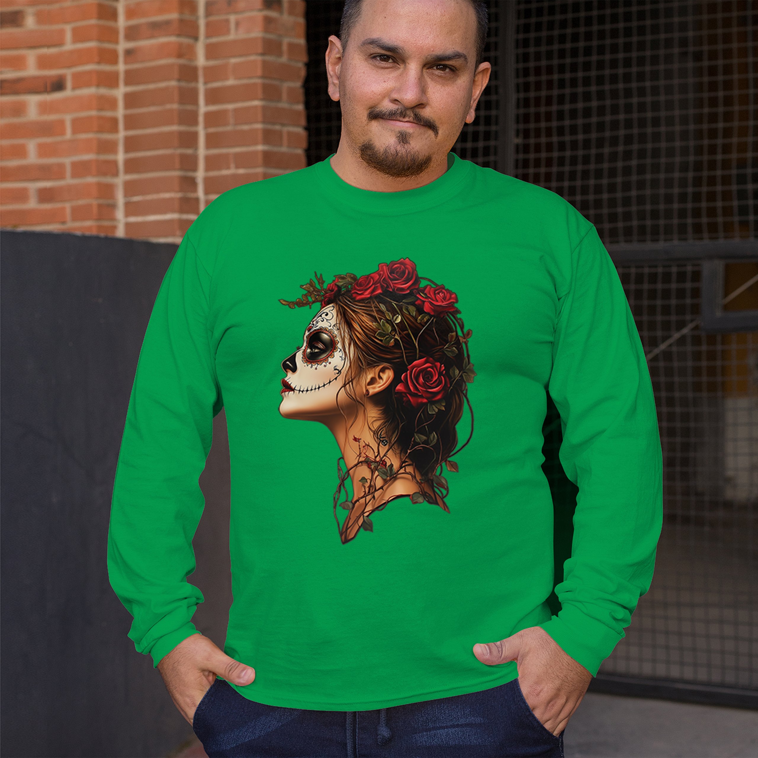 Sugar Skull Profile Long Sleeve T-shirt Dia de Los Muertos Skeleton Face Floral - Picture 47 of 78
