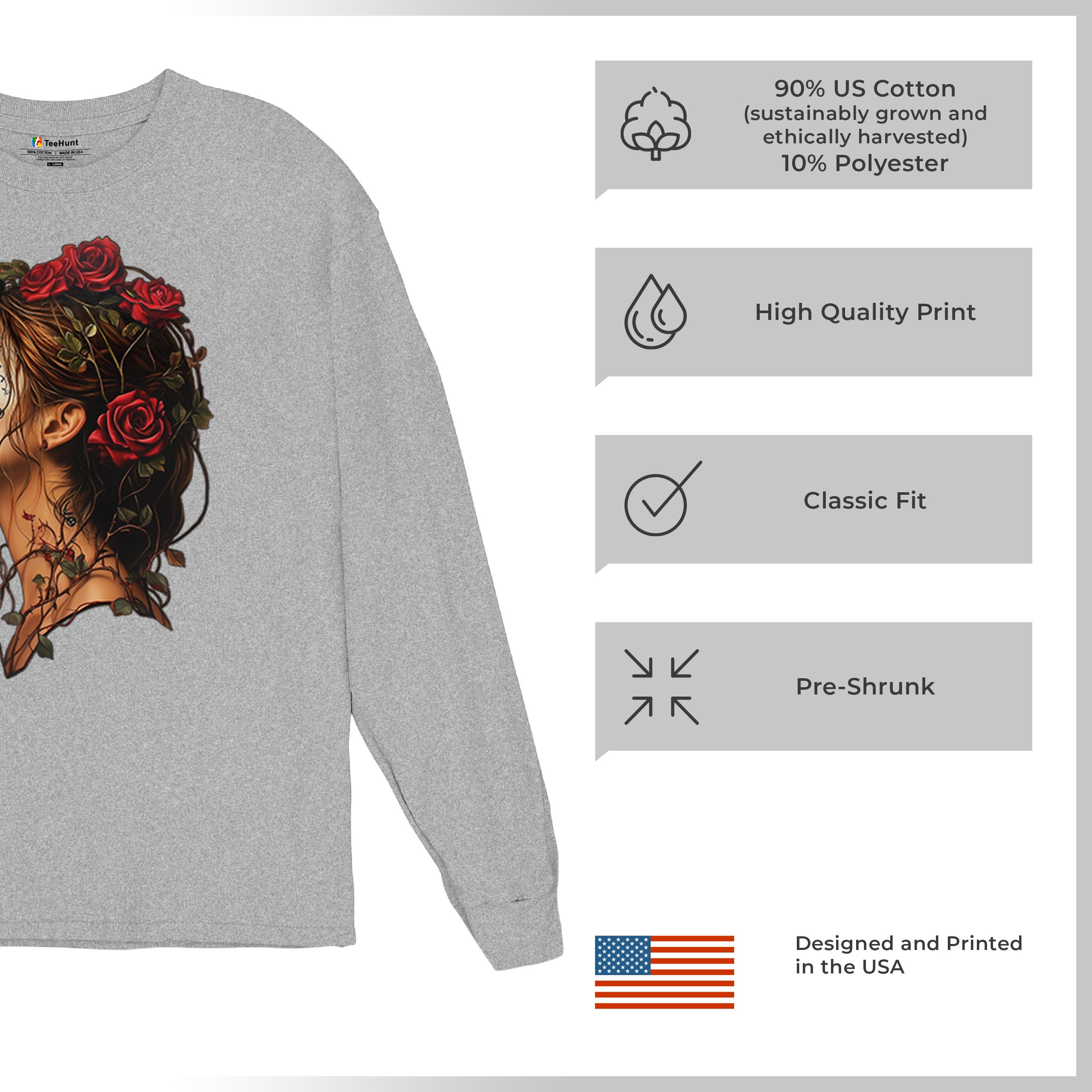 Sugar Skull Profile Long Sleeve T-shirt Dia de Los Muertos Skeleton Face Floral - Picture 14 of 78