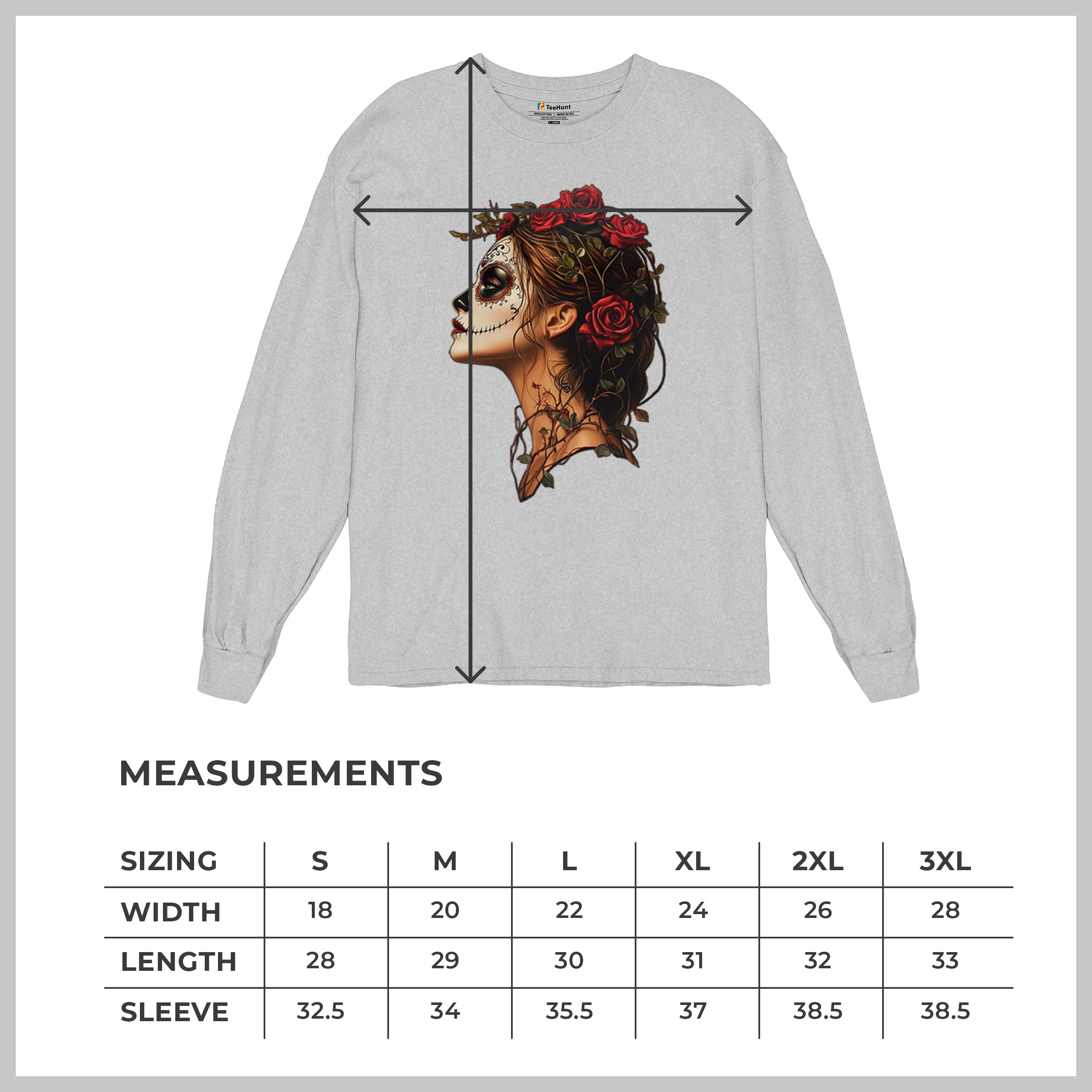 Sugar Skull Profile Long Sleeve T-shirt Dia de Los Muertos Skeleton Face Floral - Picture 15 of 78