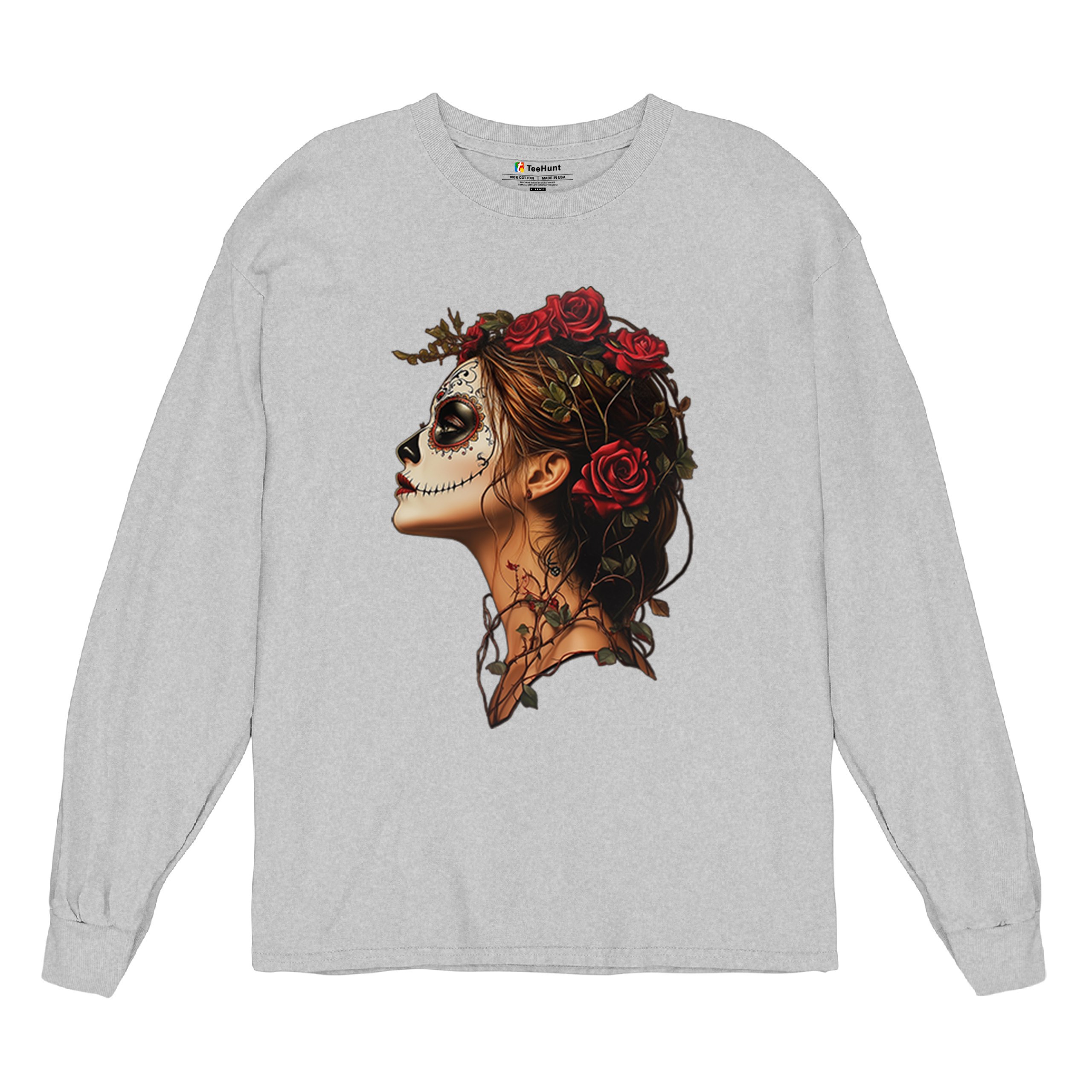 Sugar Skull Profile Long Sleeve T-shirt Dia de Los Muertos Skeleton Face Floral - Picture 13 of 78