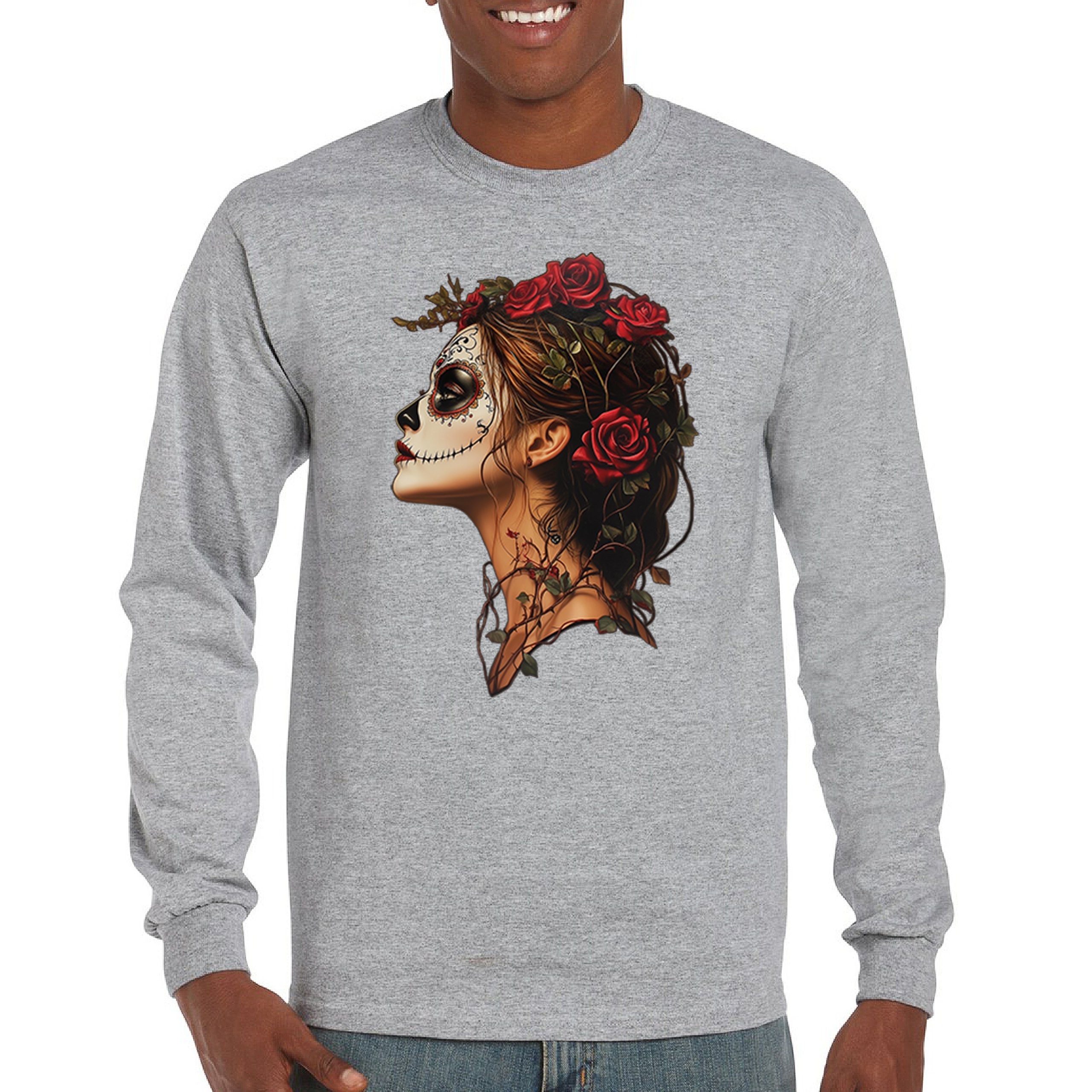 Sugar Skull Profile Long Sleeve T-shirt Dia de Los Muertos Skeleton Face Floral - Picture 9 of 78