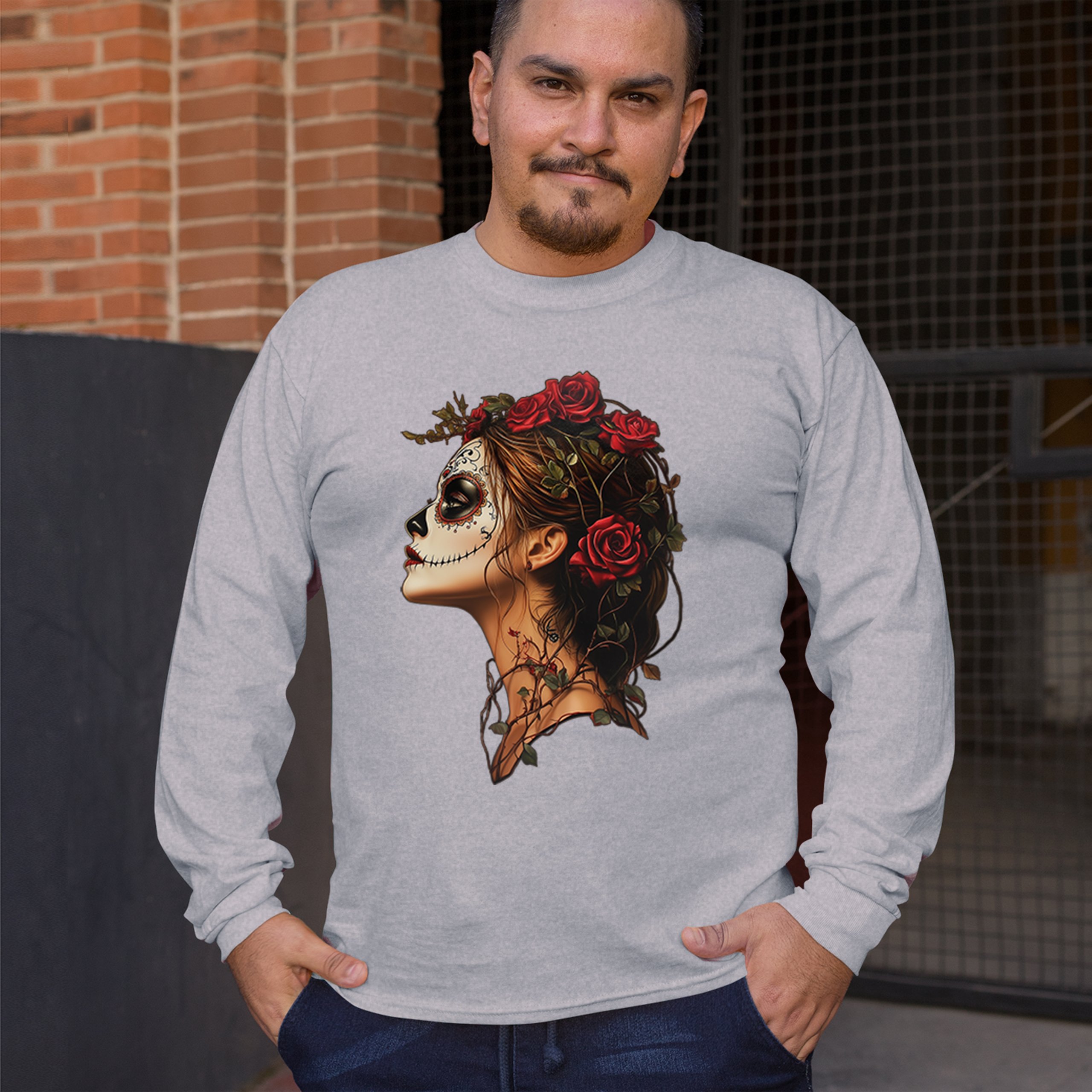 Sugar Skull Profile Long Sleeve T-shirt Dia de Los Muertos Skeleton Face Floral - Picture 12 of 78