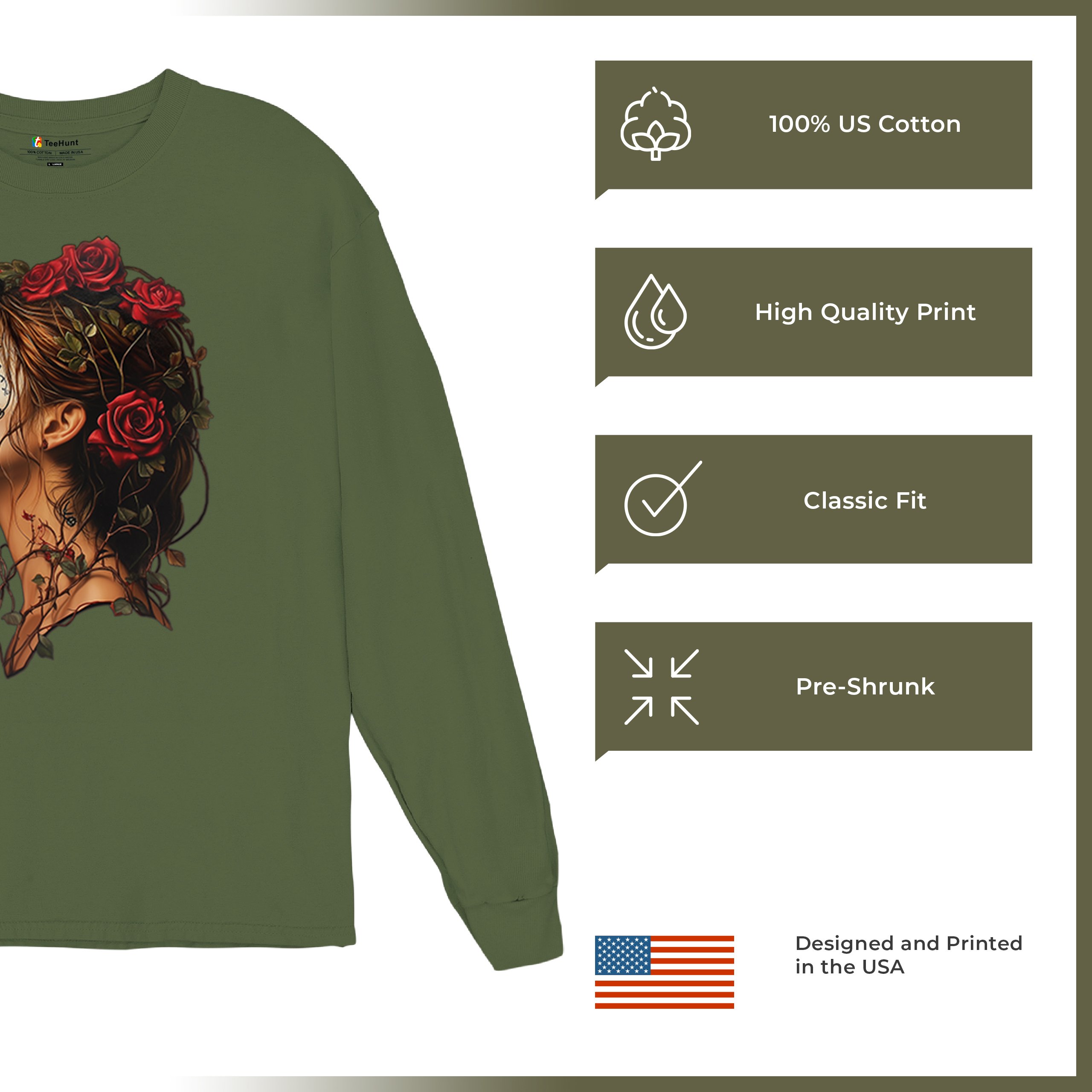 Sugar Skull Profile Long Sleeve T-shirt Dia de Los Muertos Skeleton Face Floral - Picture 56 of 78