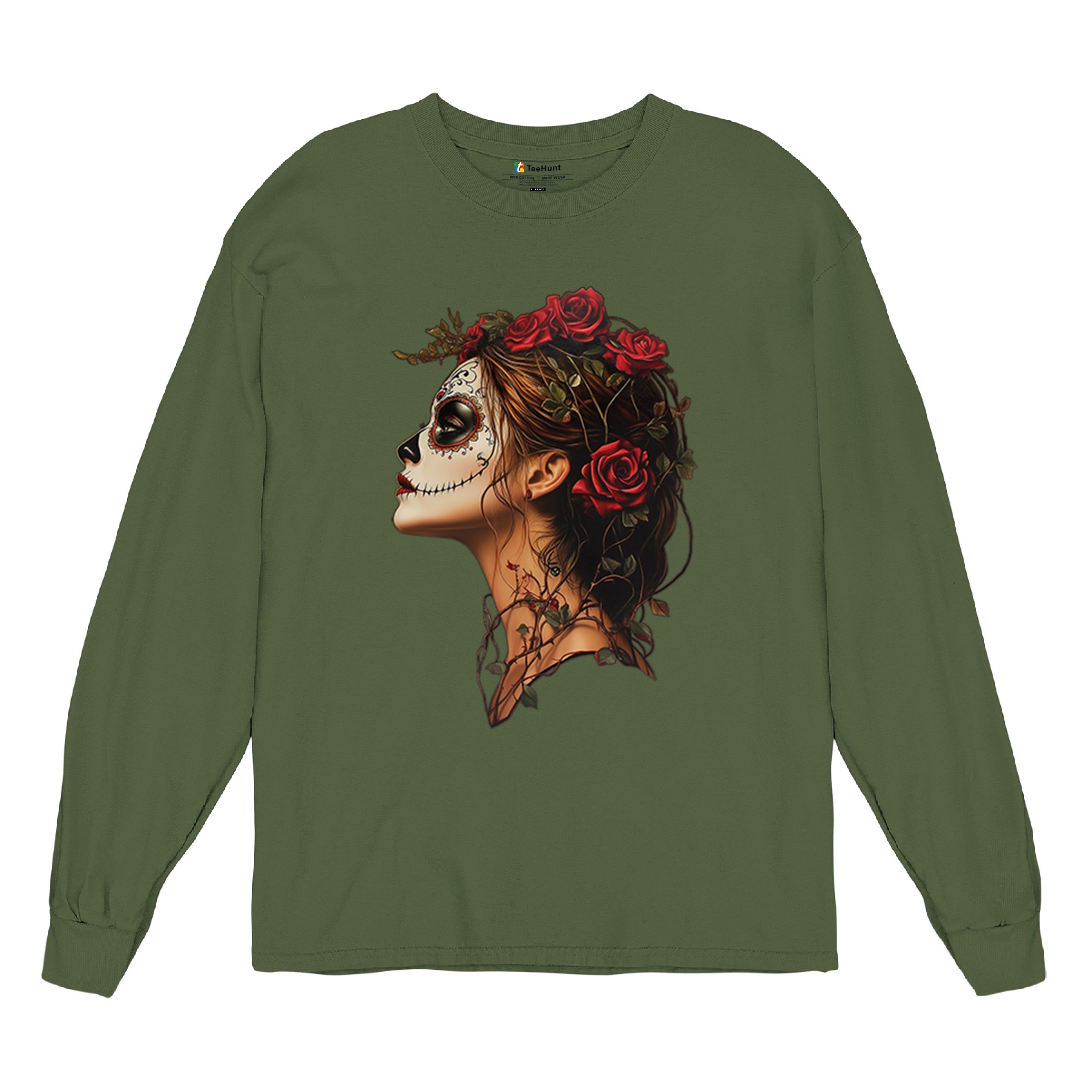 Sugar Skull Profile Long Sleeve T-shirt Dia de Los Muertos Skeleton Face Floral - Picture 55 of 78