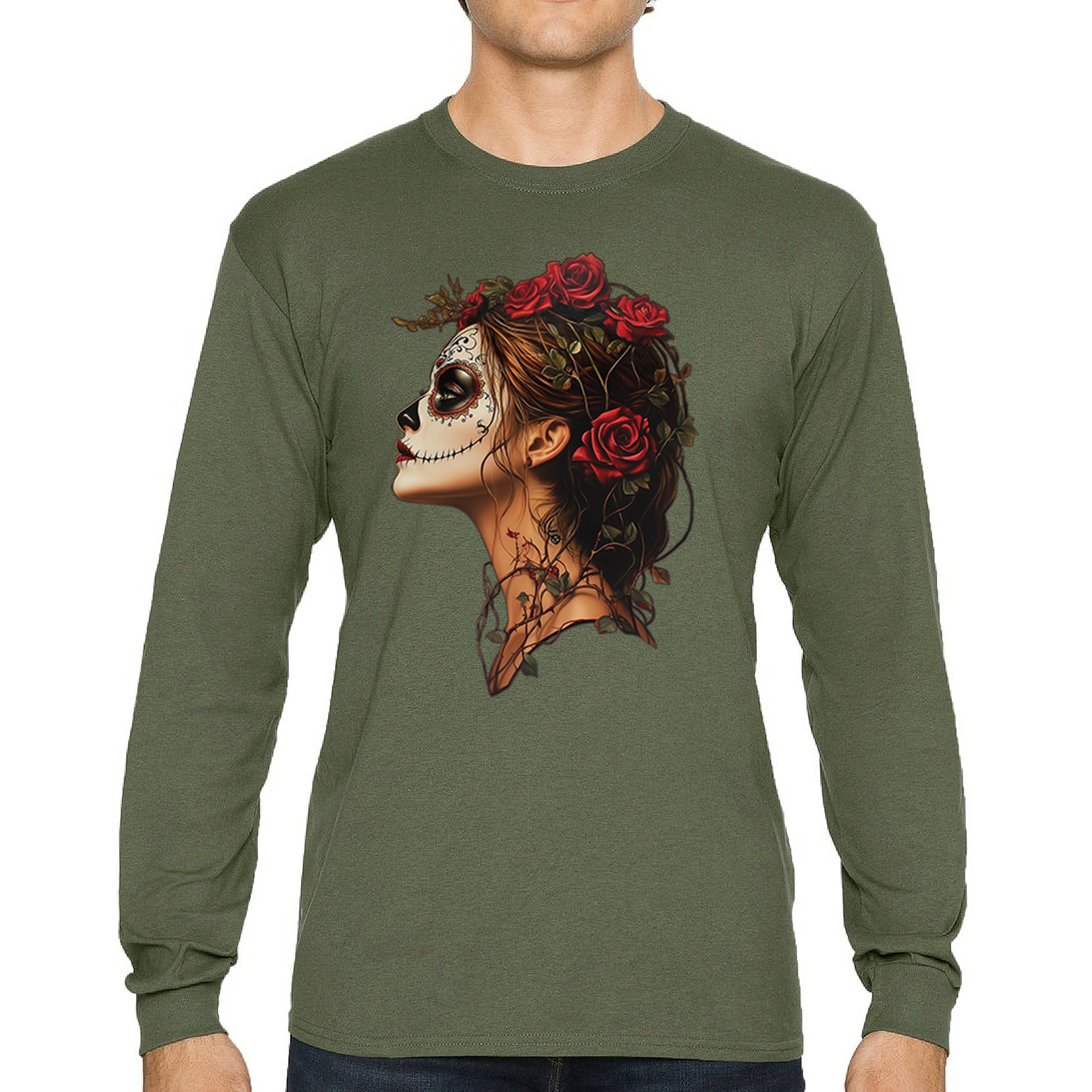 Sugar Skull Profile Long Sleeve T-shirt Dia de Los Muertos Skeleton Face Floral - Picture 51 of 78