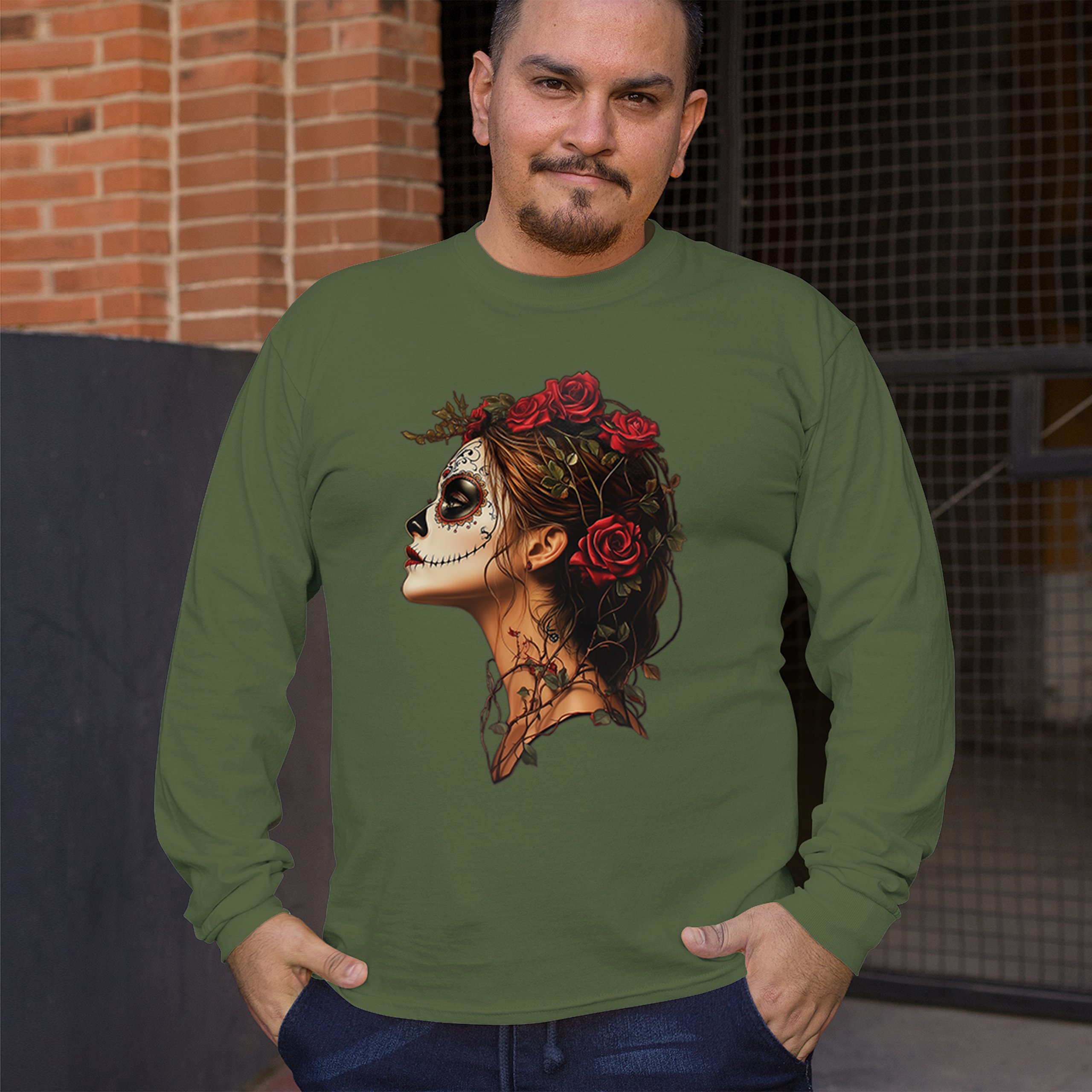 Sugar Skull Profile Long Sleeve T-shirt Dia de Los Muertos Skeleton Face Floral - Picture 54 of 78