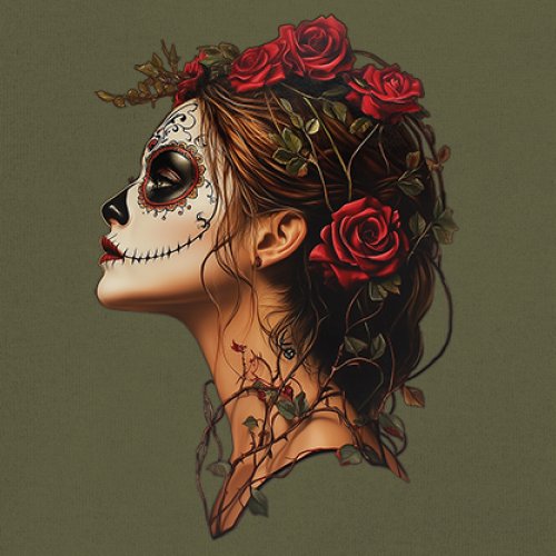 Sugar Skull Profile Long Sleeve T-shirt Dia de Los Muertos Skeleton Face Floral - Picture 53 of 78