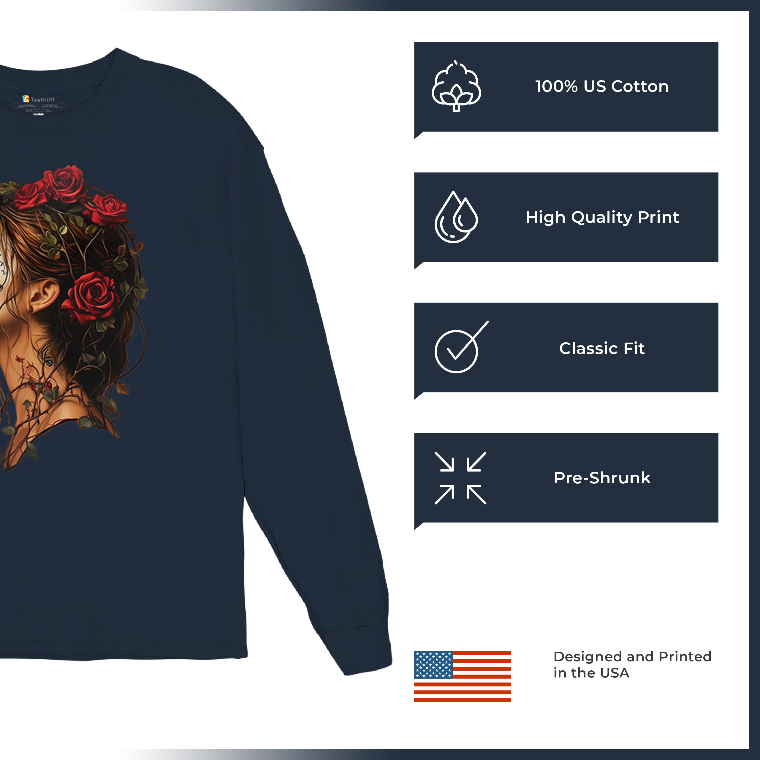 Sugar Skull Profile Long Sleeve T-shirt Dia de Los Muertos Skeleton Face Floral - Picture 42 of 78