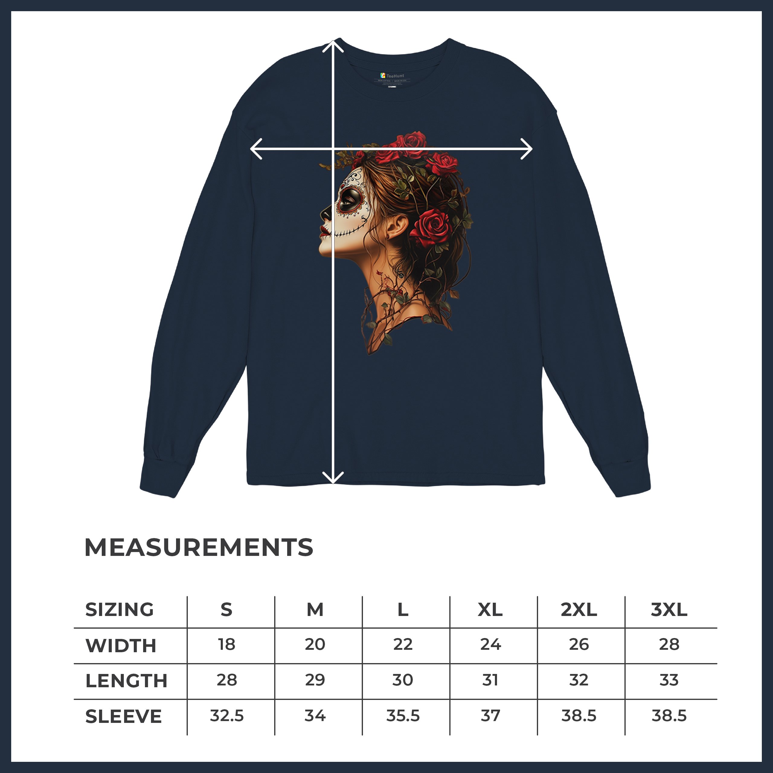 Sugar Skull Profile Long Sleeve T-shirt Dia de Los Muertos Skeleton Face Floral - Picture 43 of 78