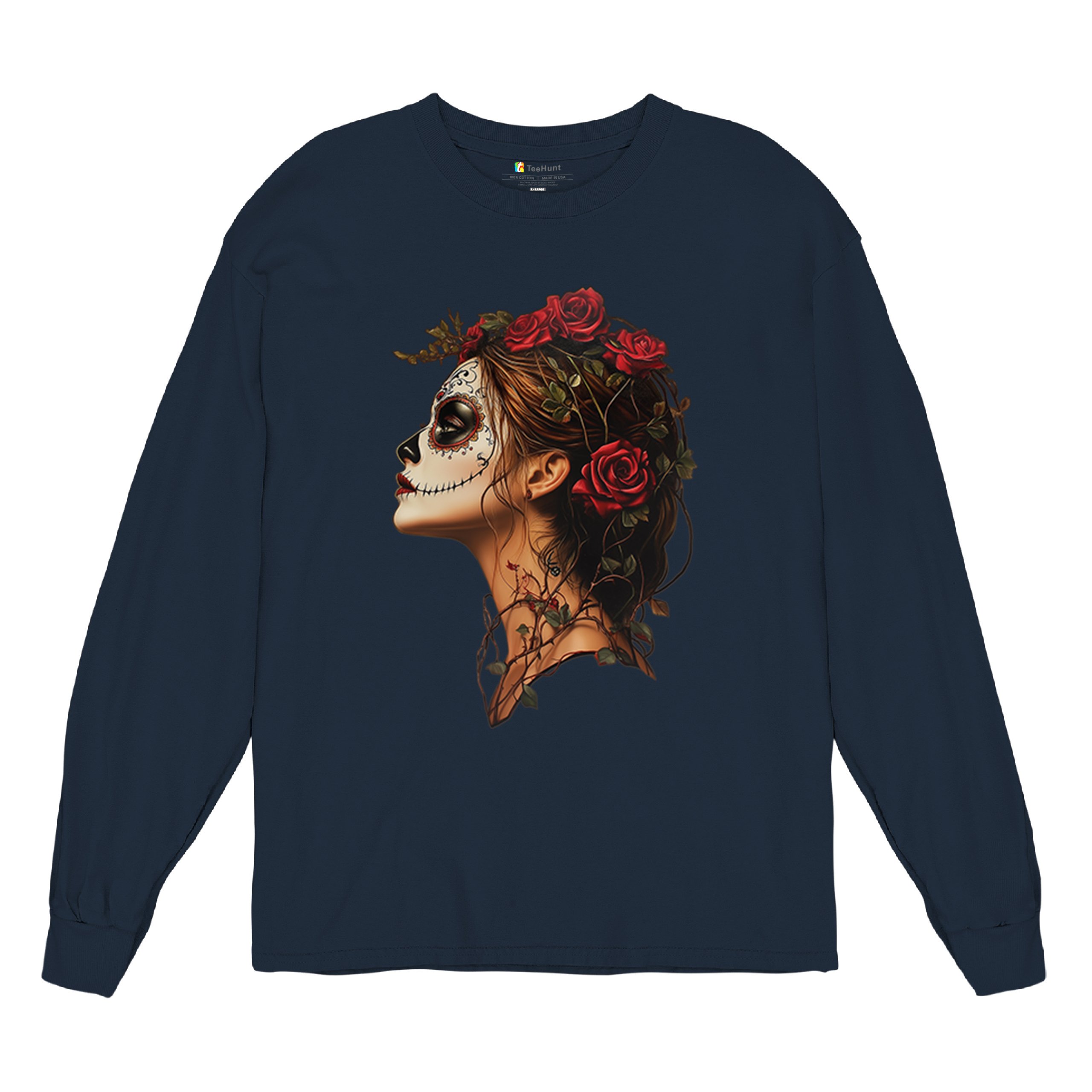 Sugar Skull Profile Long Sleeve T-shirt Dia de Los Muertos Skeleton Face Floral - Picture 41 of 78